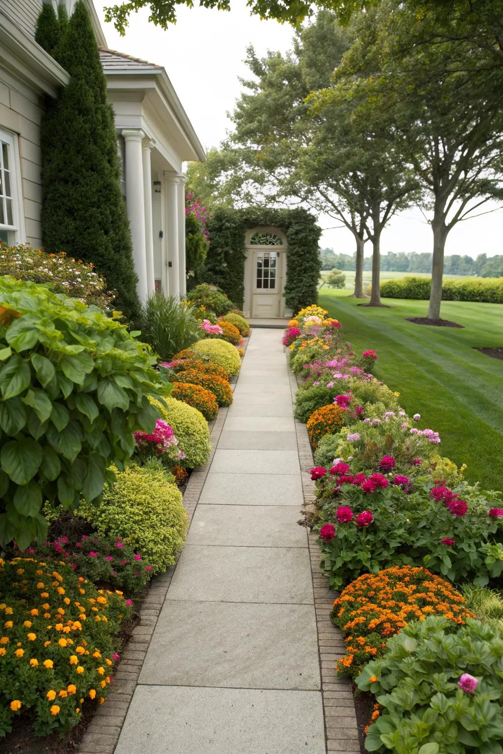 Lush borders create a vibrant and welcoming entrance.