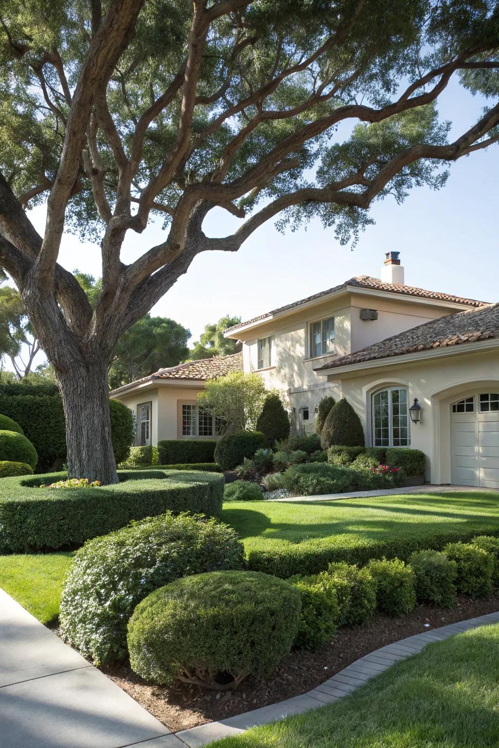 Majestic trees offer shade and add vertical interest.