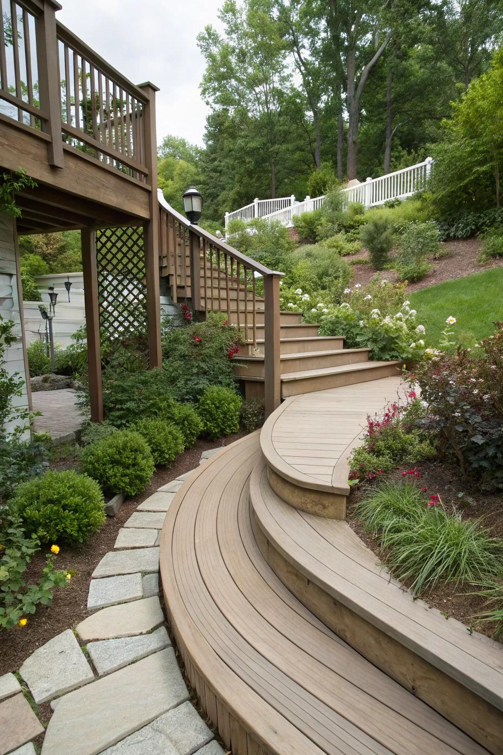Elegant curved stairs providing a graceful transition from deck to garden.