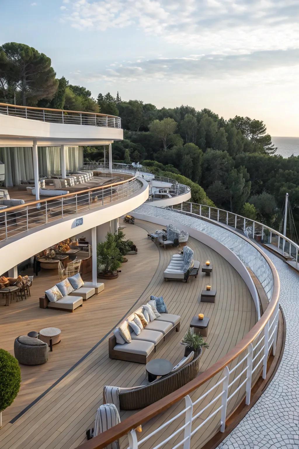A multi-level curved deck offering diverse lounging spaces.