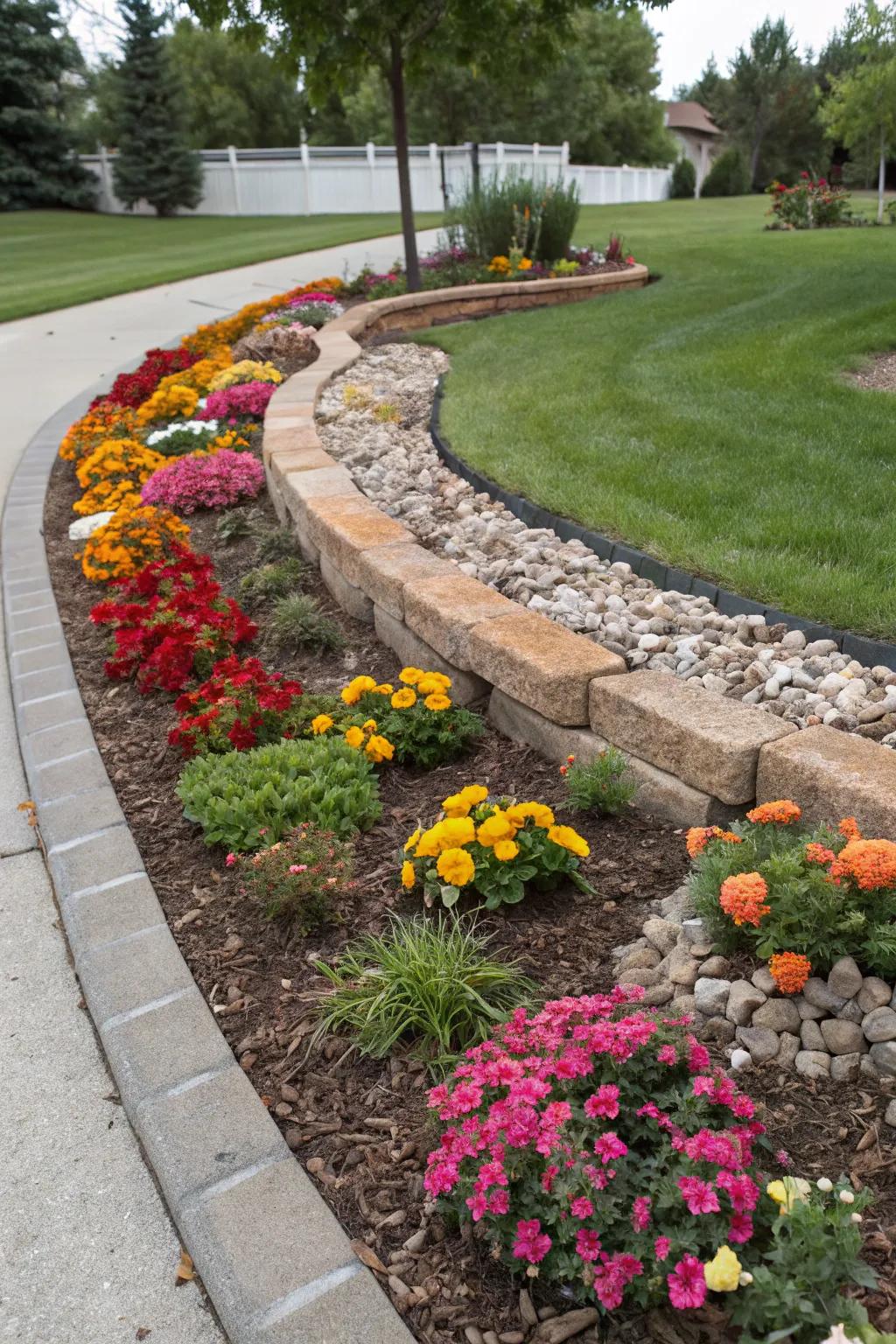 Mulch and gravel highlight the curves of the flower bed.