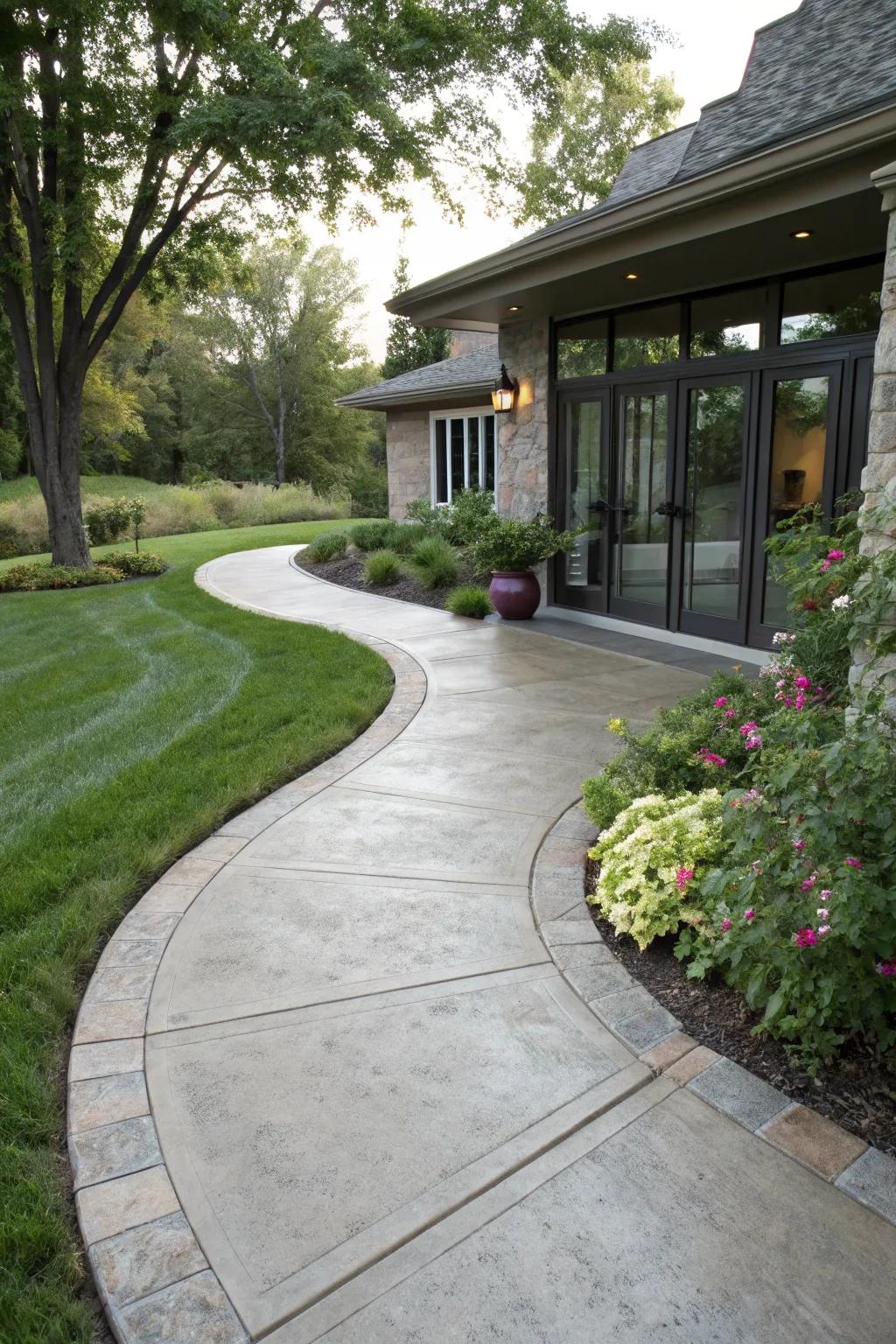 A curved concrete walkway with a stamped finish, leading to a stylish home entrance.