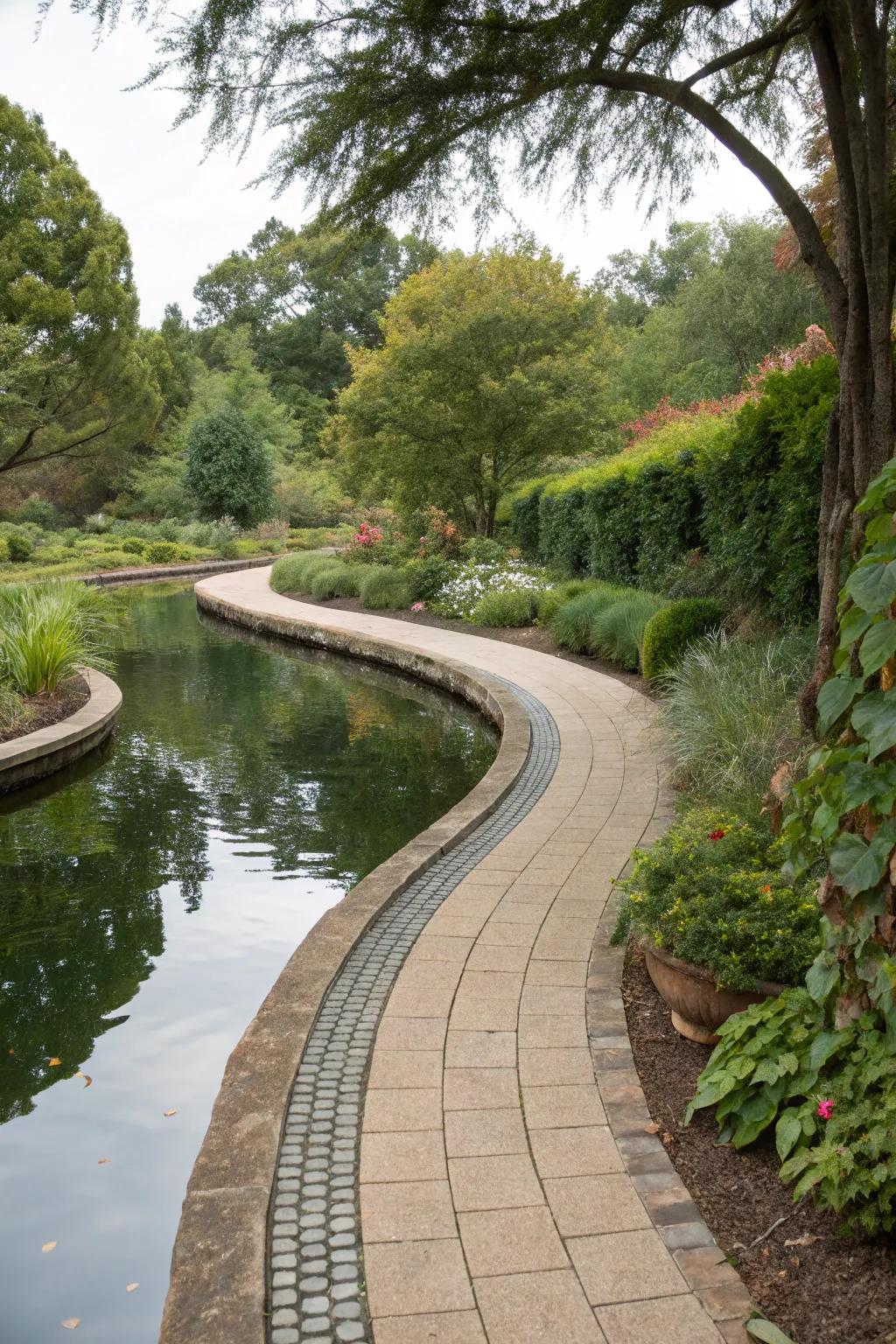 A tranquil path alongside a serene water feature.