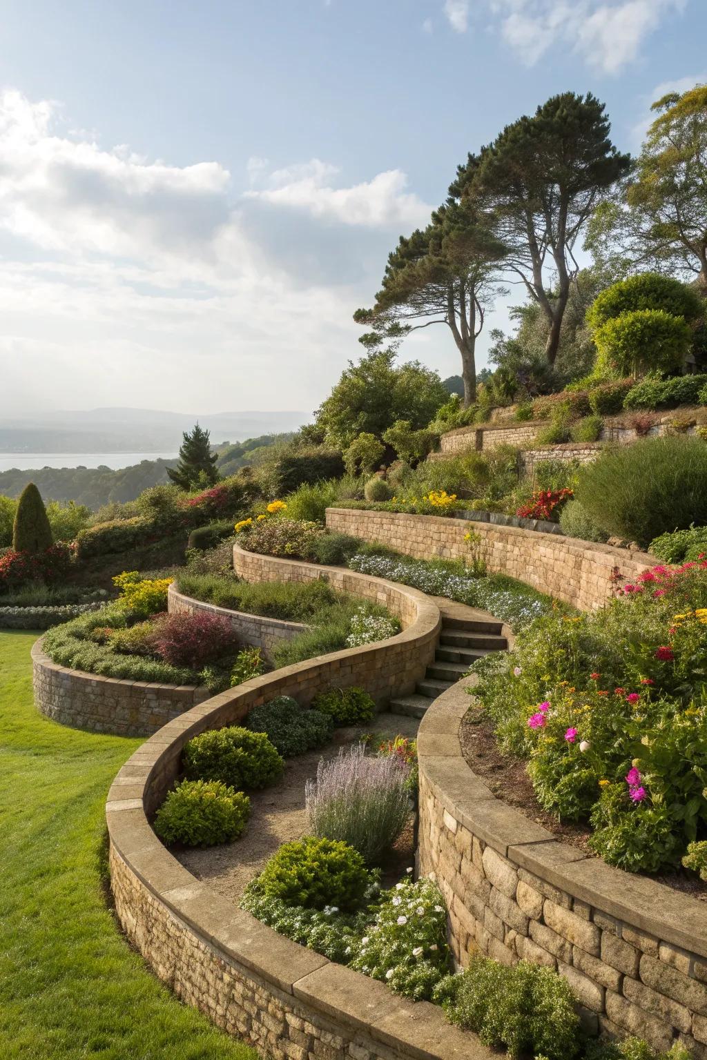 Terraced landscapes with rounded walls offer dimension and depth.