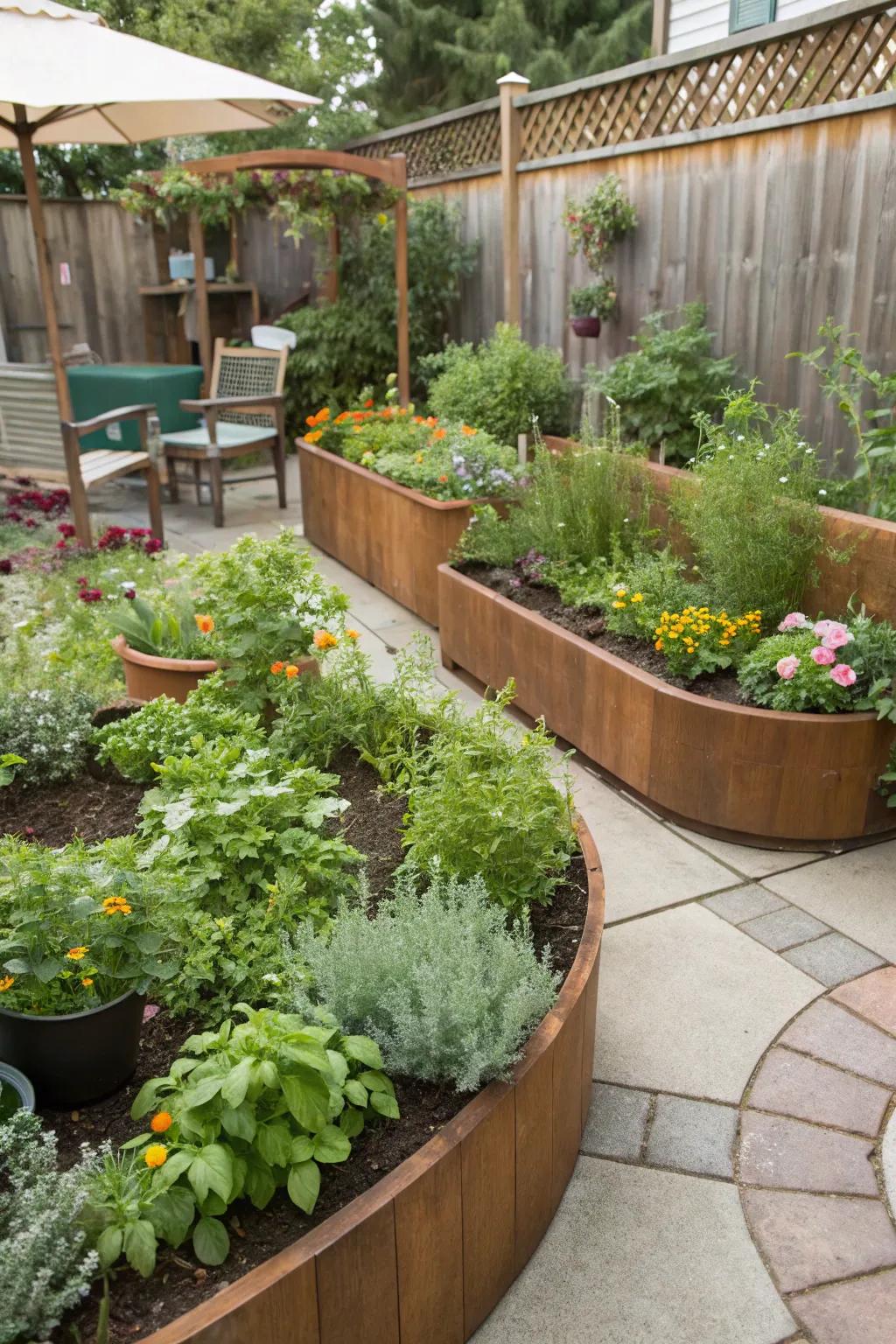 Compact curved beds make the most of small outdoor spaces.