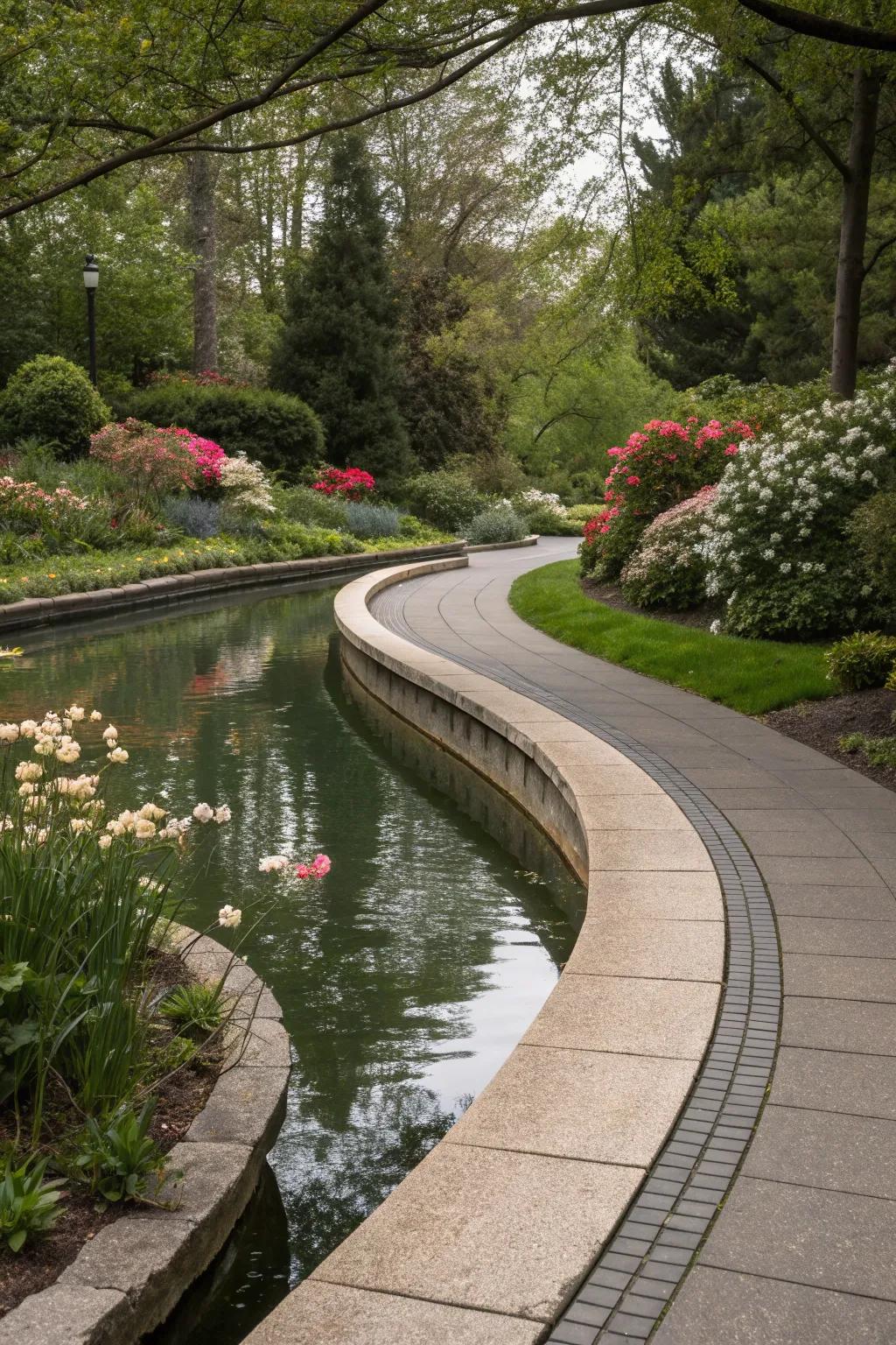 Peaceful reflections along a water-adjacent path.