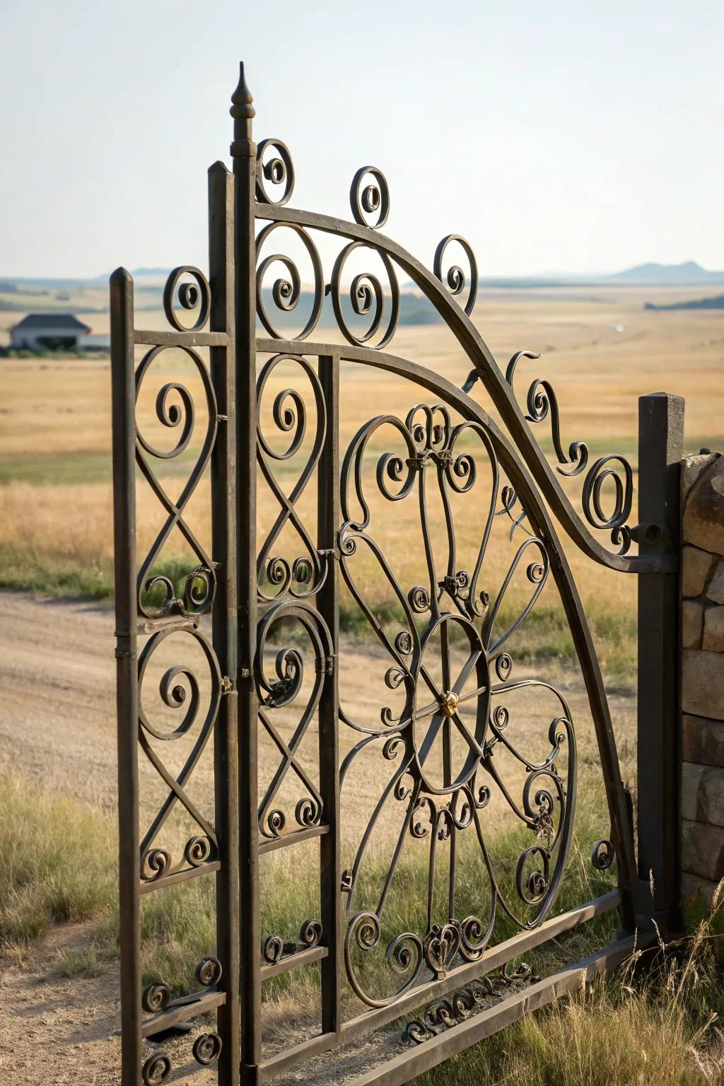 Intricate ironwork adds elegance and detail to this ranch gate.