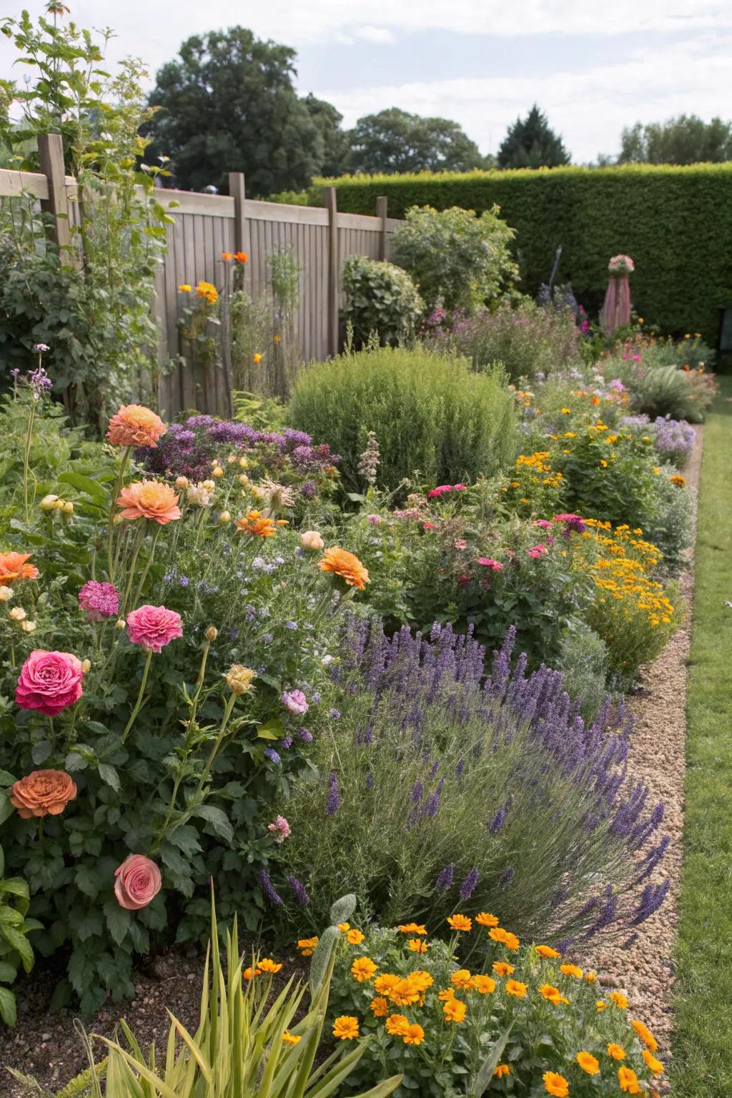 A garden using companion planting to pair flowers that support each other's growth.