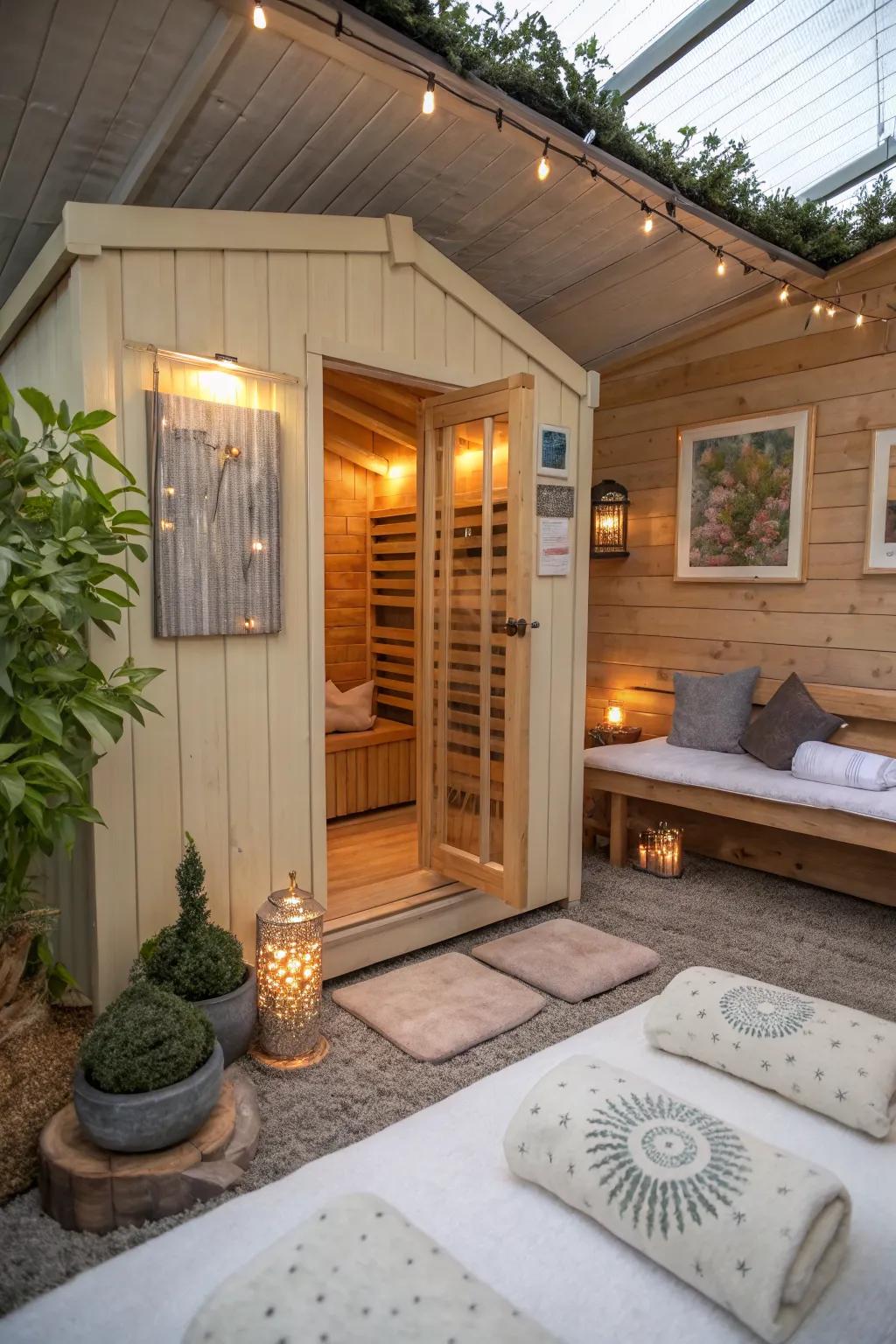 A home spa with a sauna and relaxing decor.