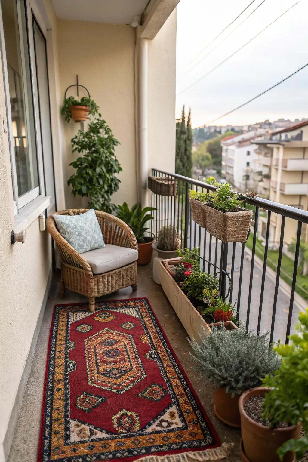A small balcony enhanced with a decorative rug for added warmth.