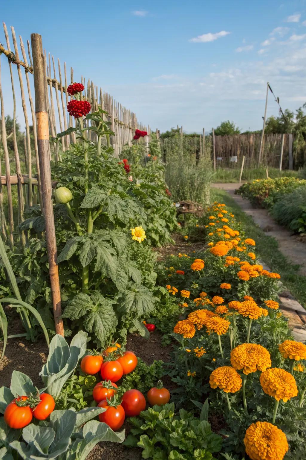 A mix of vegetables and flowers creates a beautiful and beneficial garden.