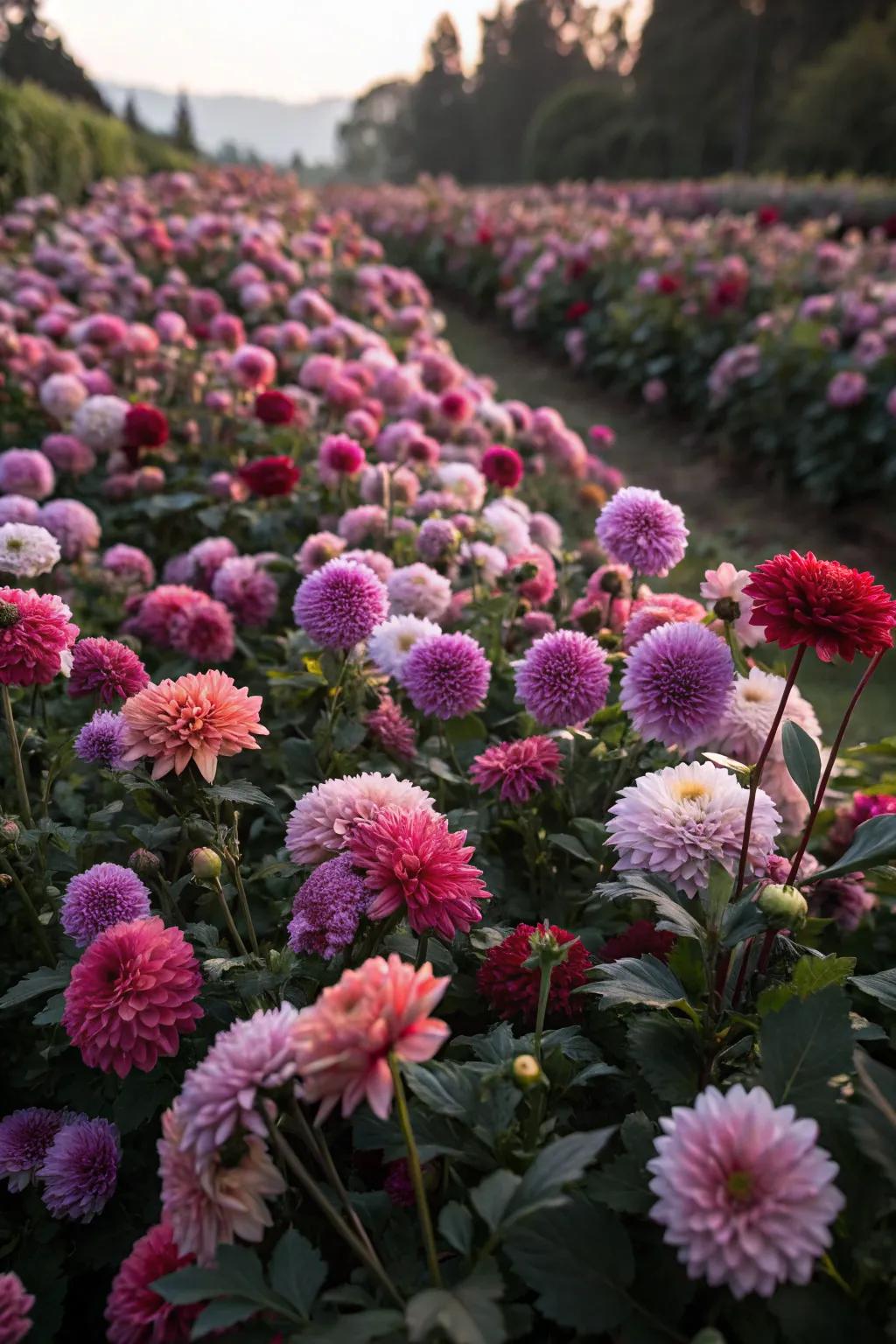 Dense planting of dahlias creates a powerful visual impact.