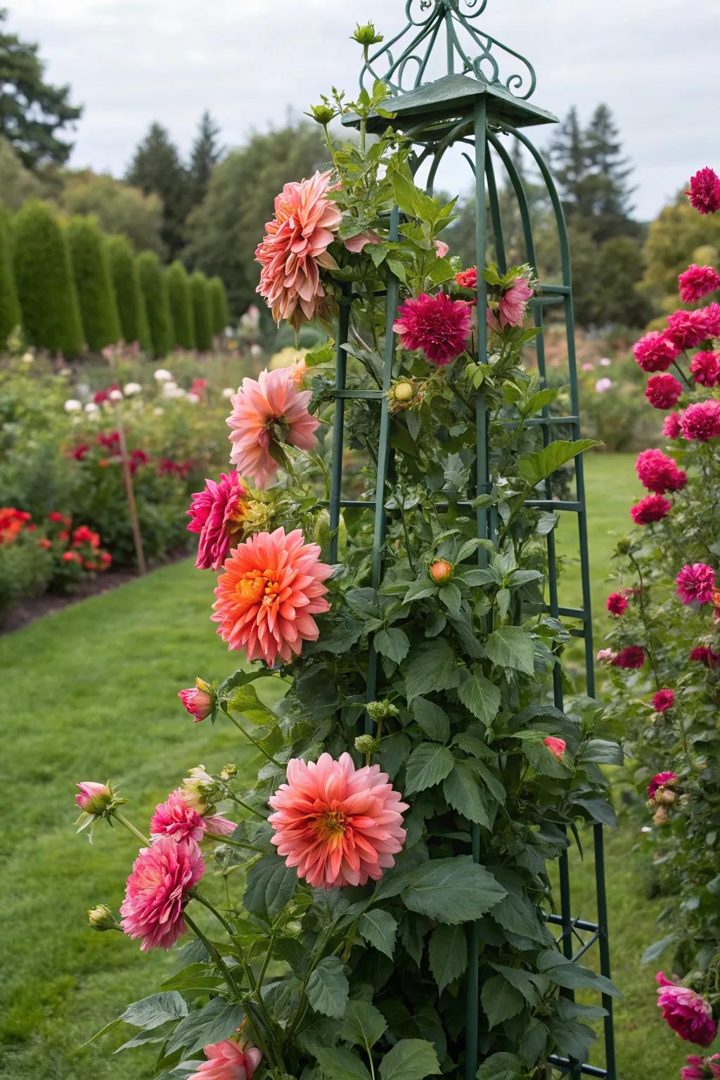 Elegant trellises supporting dahlia growth.