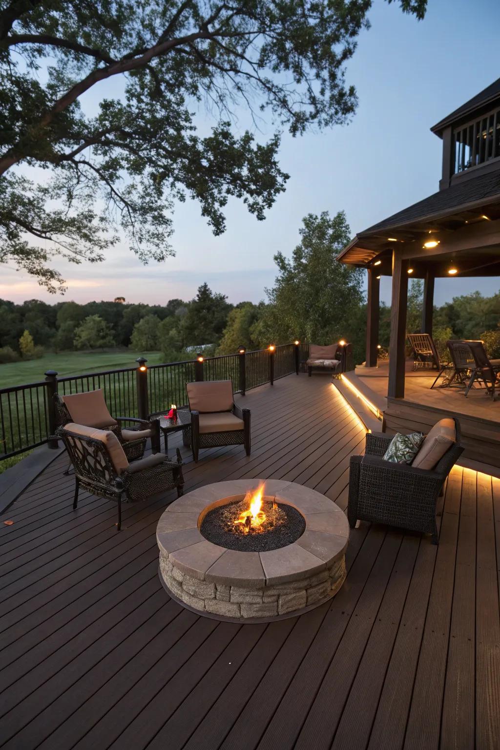 A cozy fire pit on a dark brown deck perfect for evening gatherings.