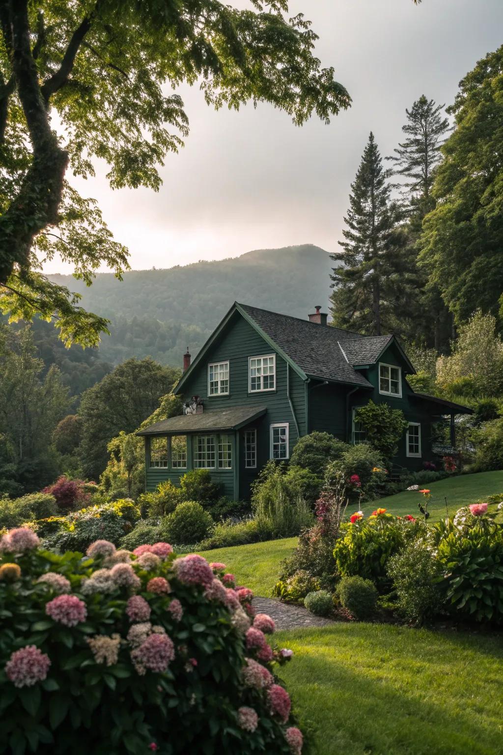 A dark green exterior seamlessly blending with lush garden surroundings.