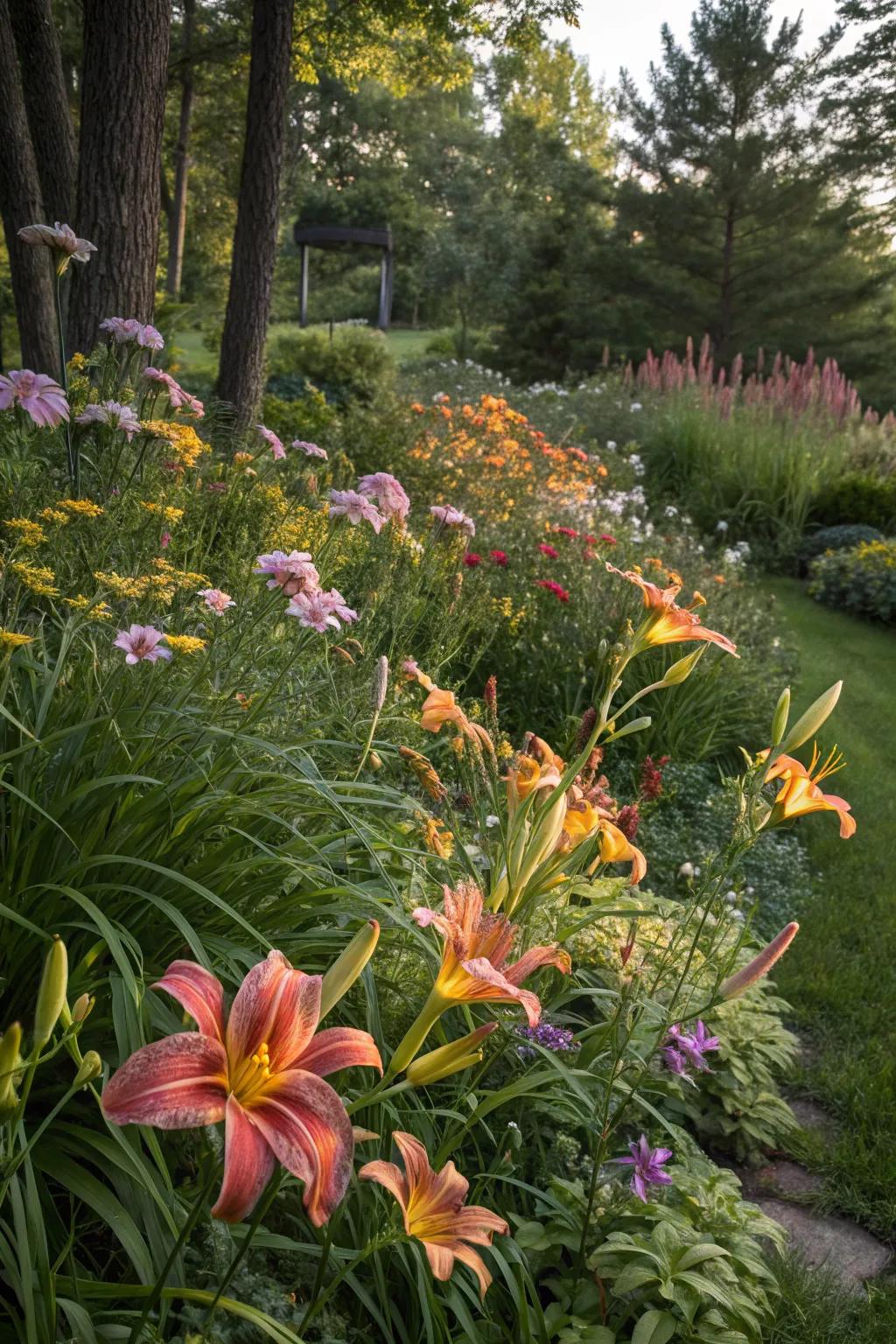 Daylilies in a naturalistic, wildflower-style setting.