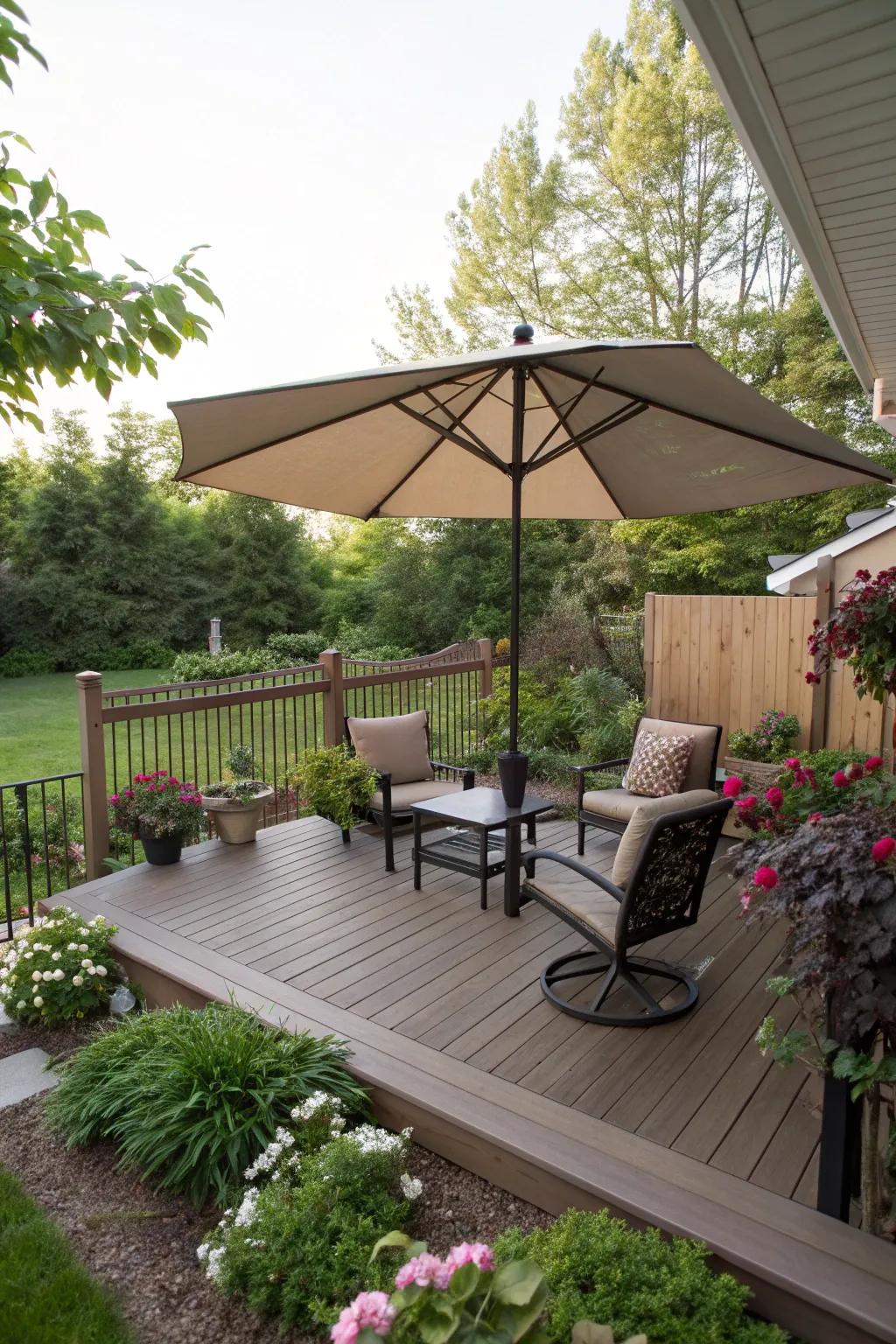 A large shade umbrella provides relief from the sun on this deck.