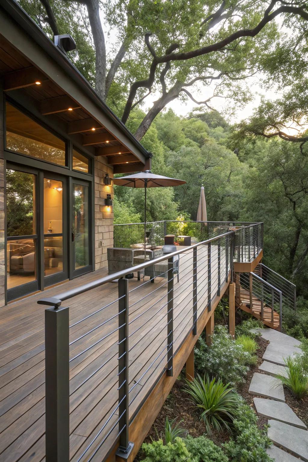 A harmonious blend of modern and rustic elements on a deck.