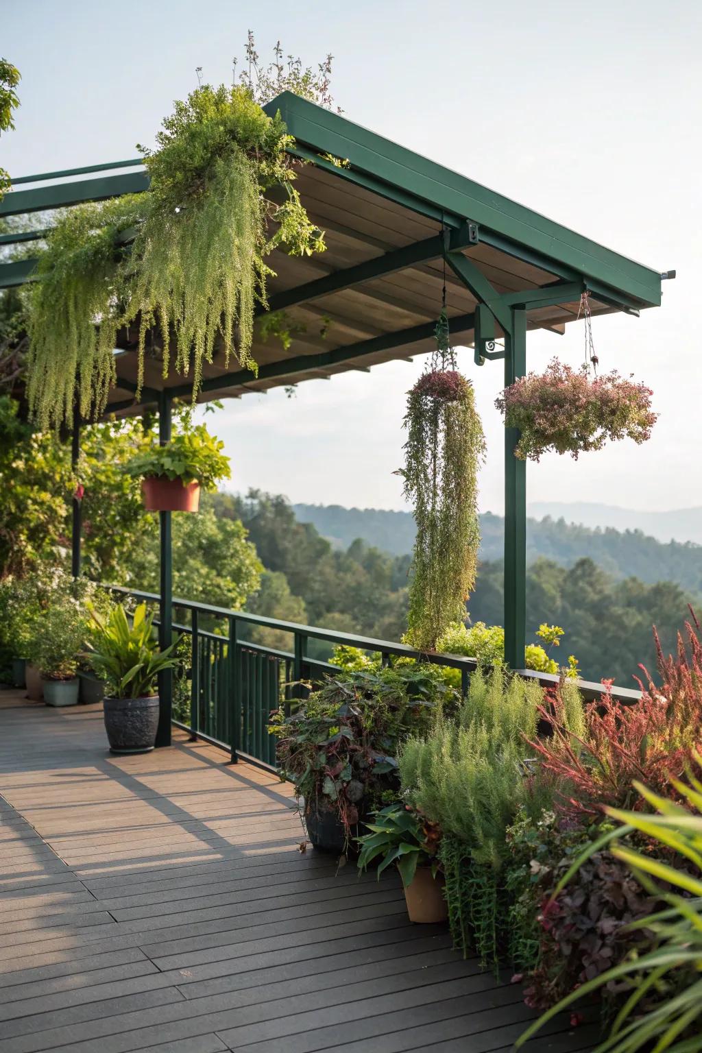 Green roof canopies combine shade with natural beauty.