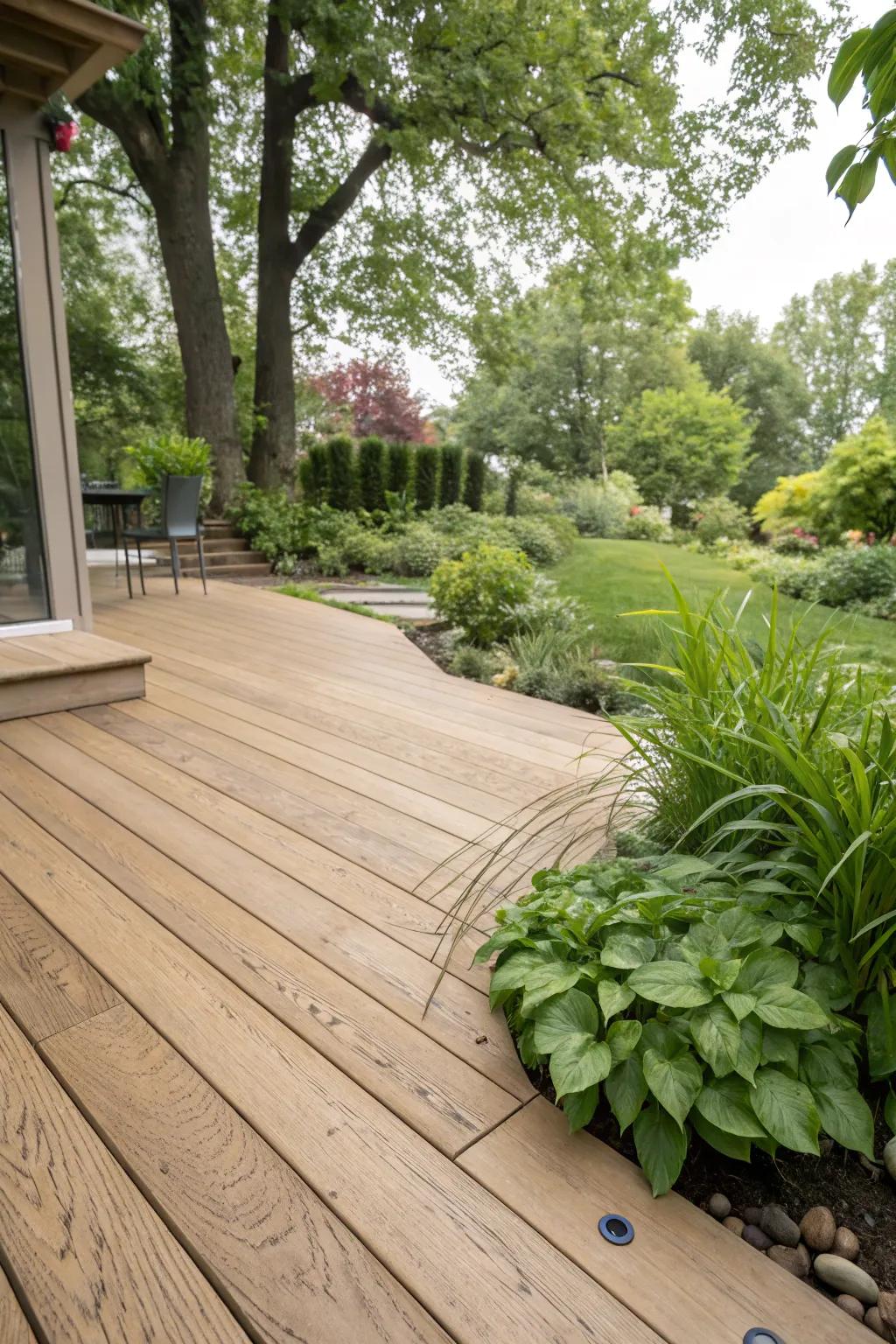 A light walnut deck showcasing natural wood grain amidst greenery.