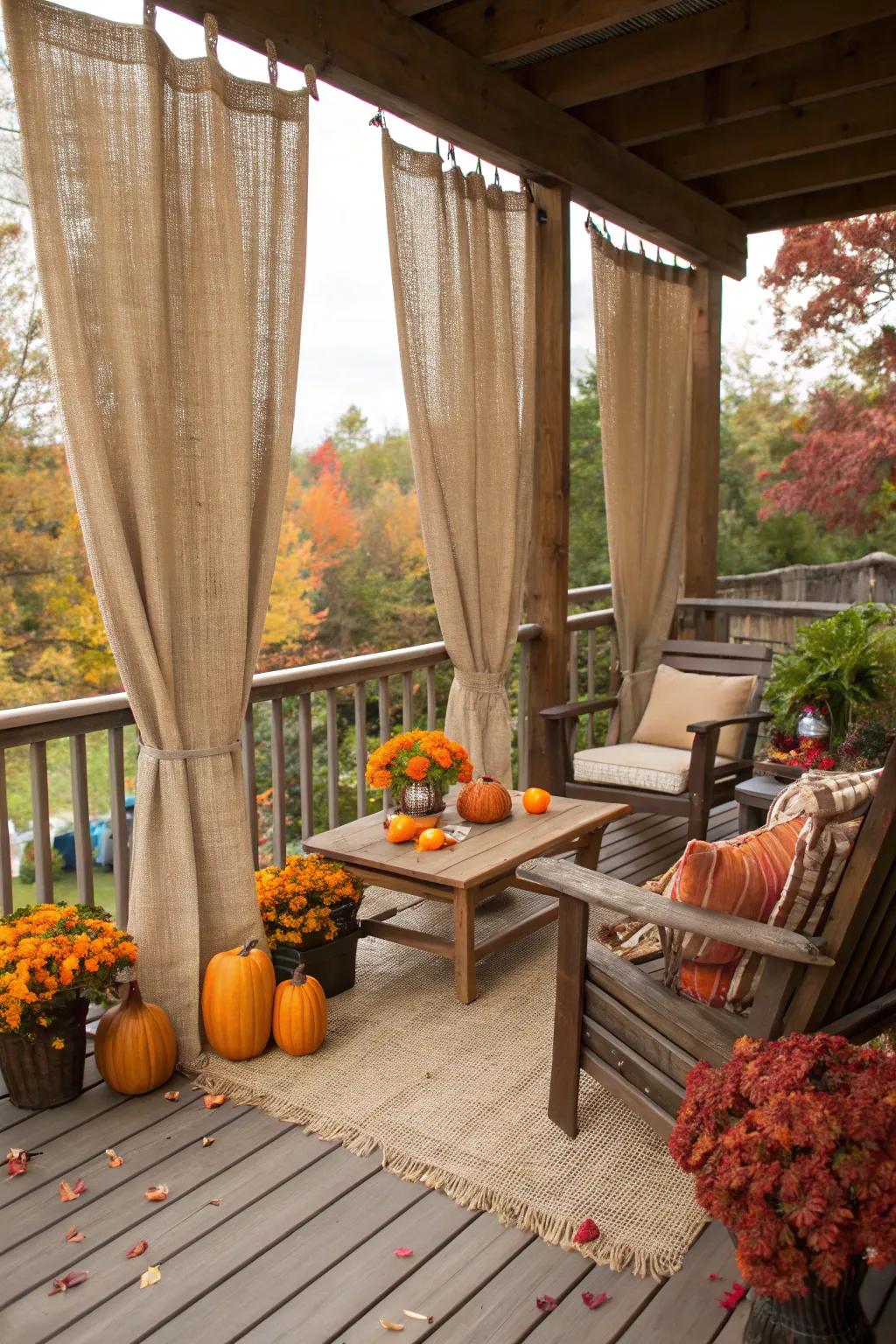 Add rustic charm with burlap curtains.