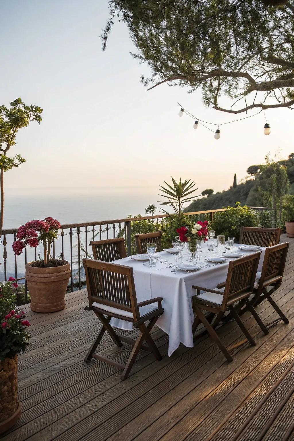 Dining al fresco with style on a deck.