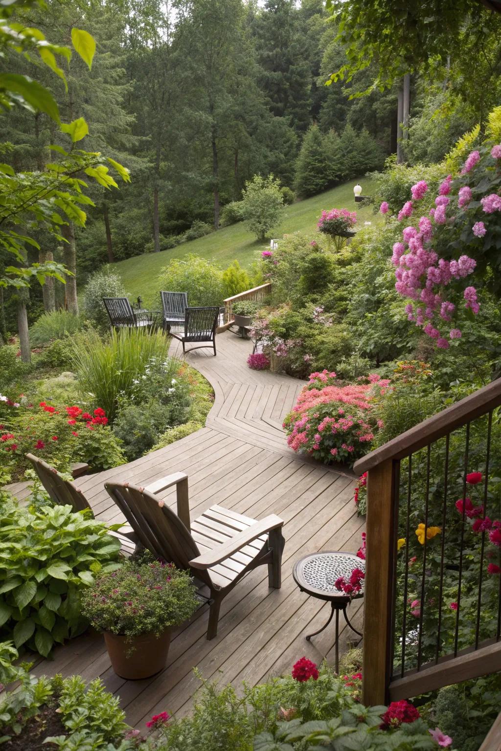 Deck landing integrated with lush plants and flowers.