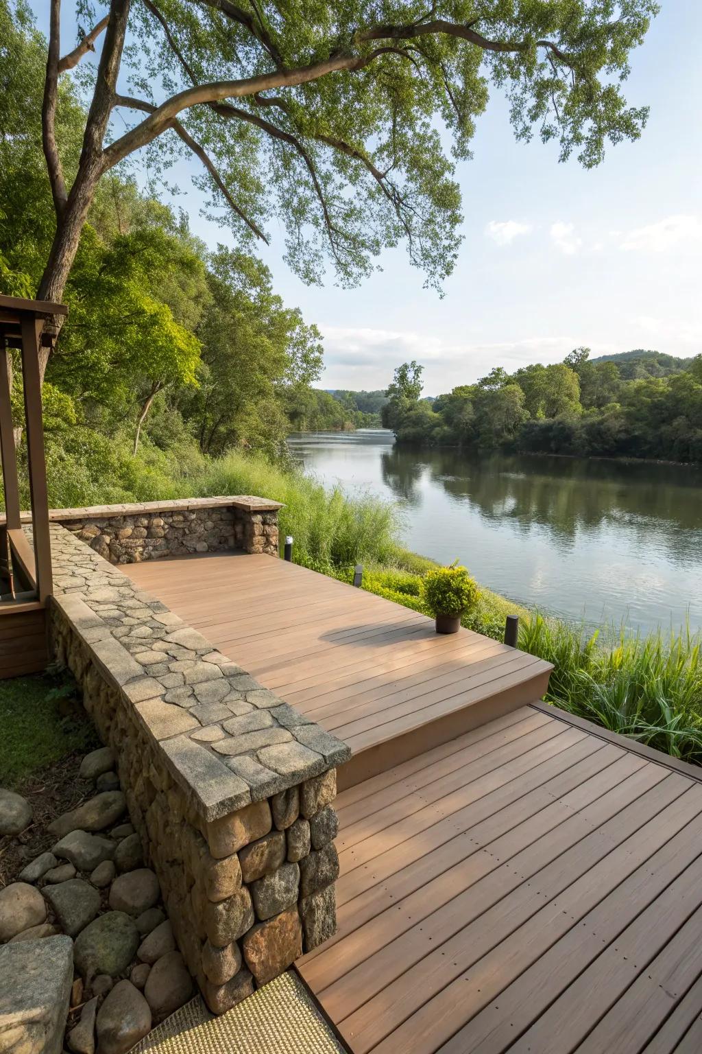 A deck designed with aesthetically pleasing materials.