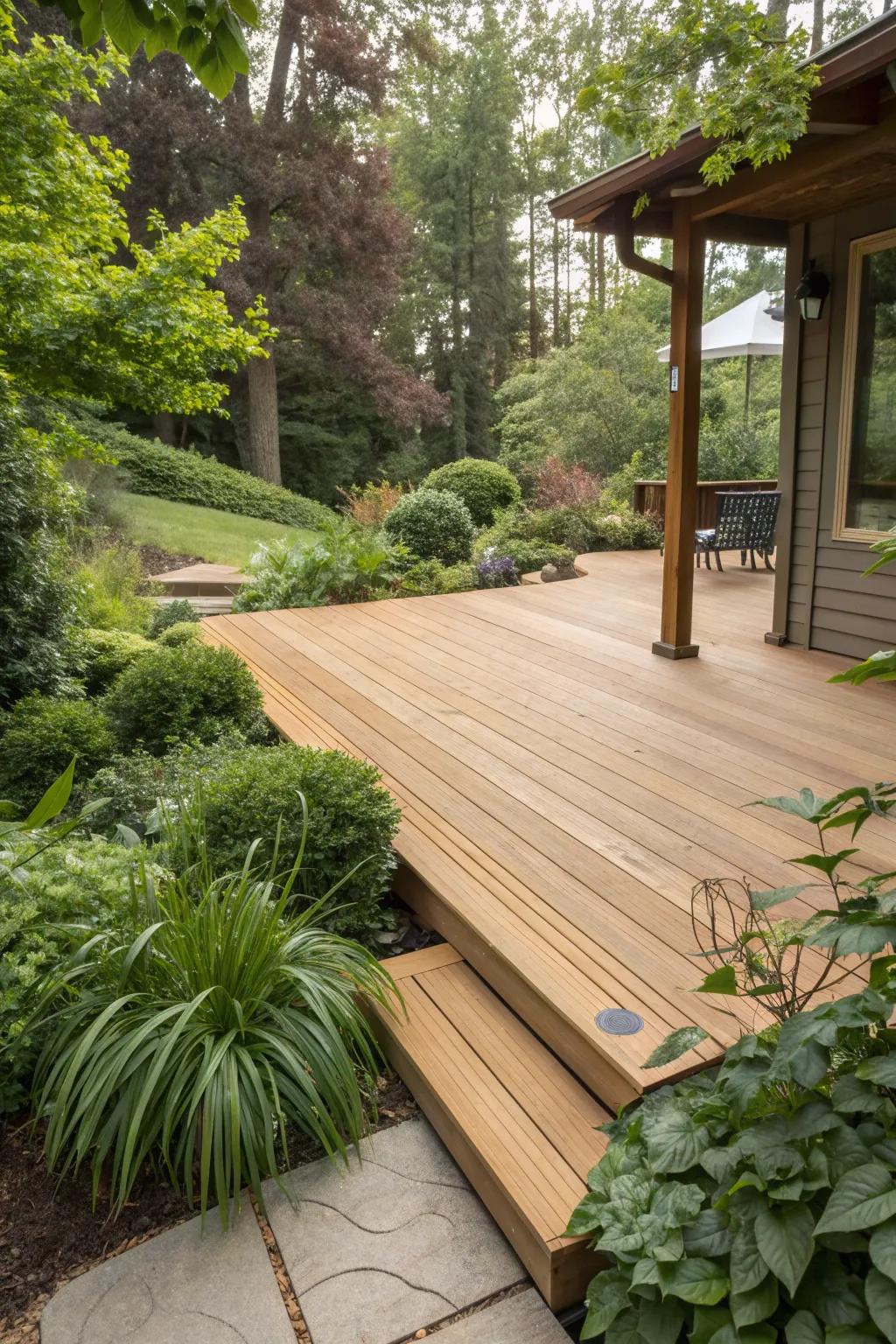 A light walnut deck that enhances the natural beauty of its surroundings.