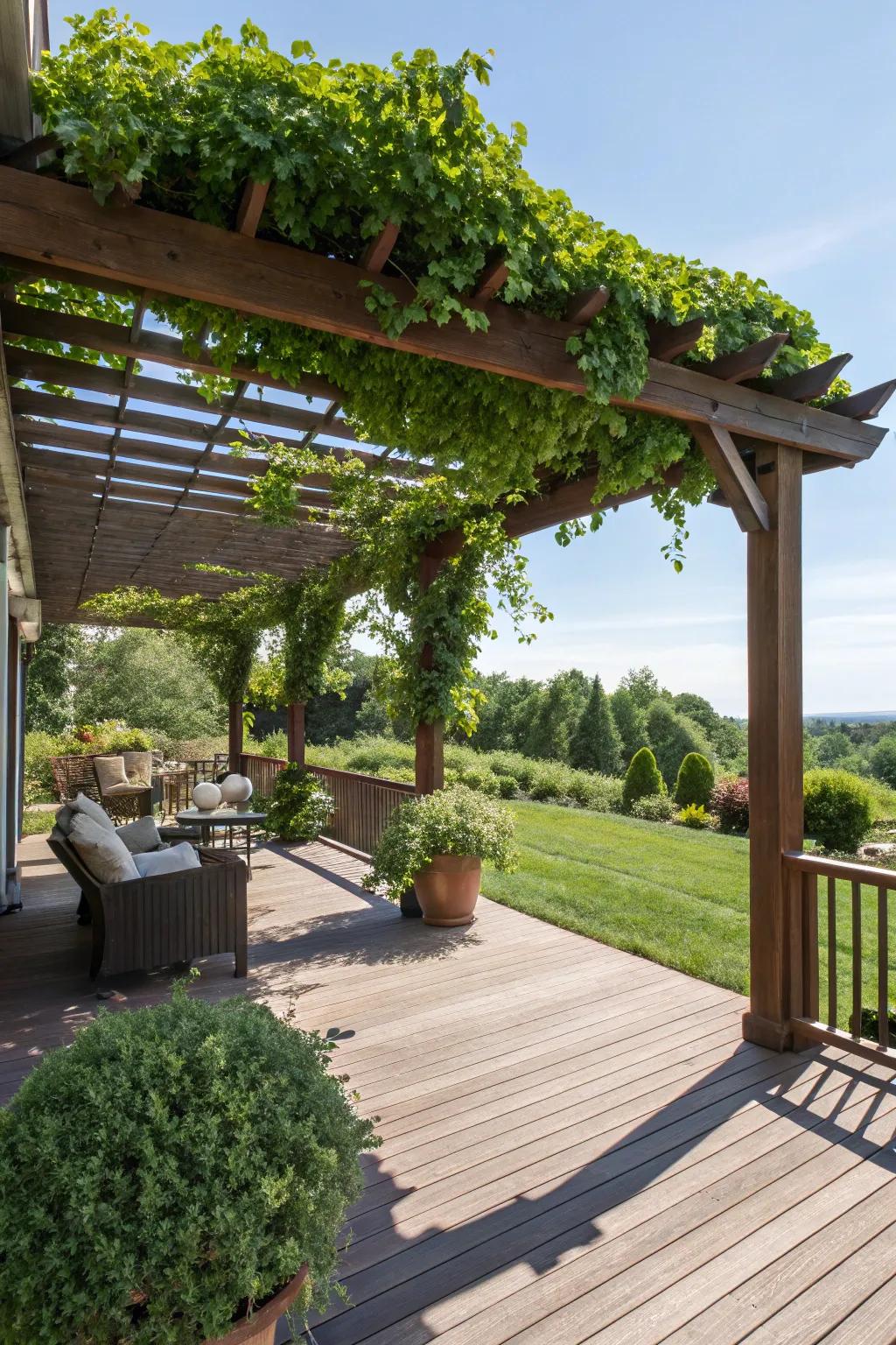 A pergola supported by deck posts adds style and shade to this charming outdoor space.