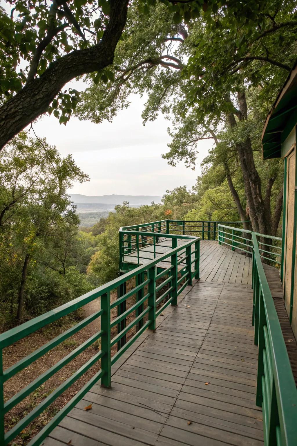Earthy green railings harmonize with the natural landscape.