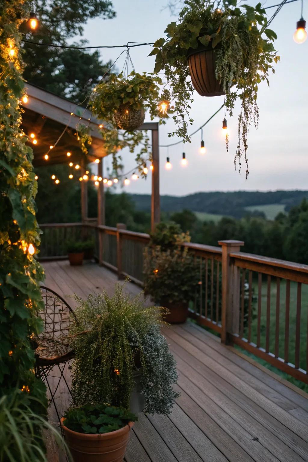 Hanging plants and lights transform your deck into a magical retreat.