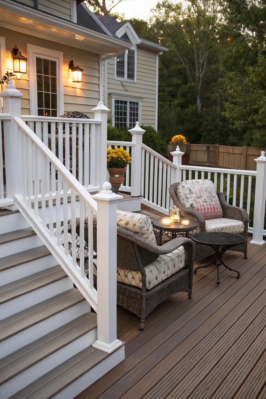 Brighten your deck with timeless white picket railings.