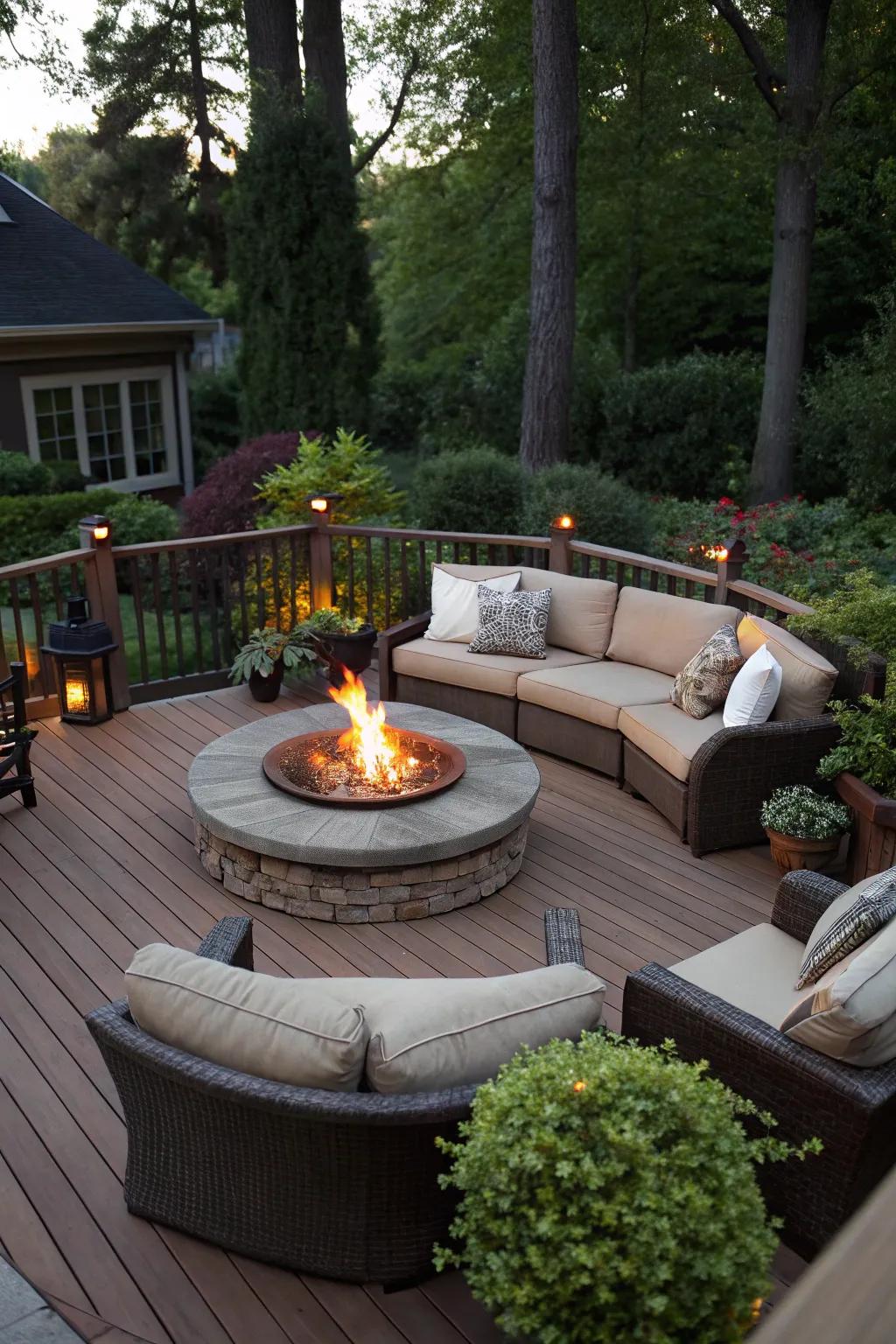 A deck designed for cozy nights, featuring a central fire pit for warmth and ambiance.