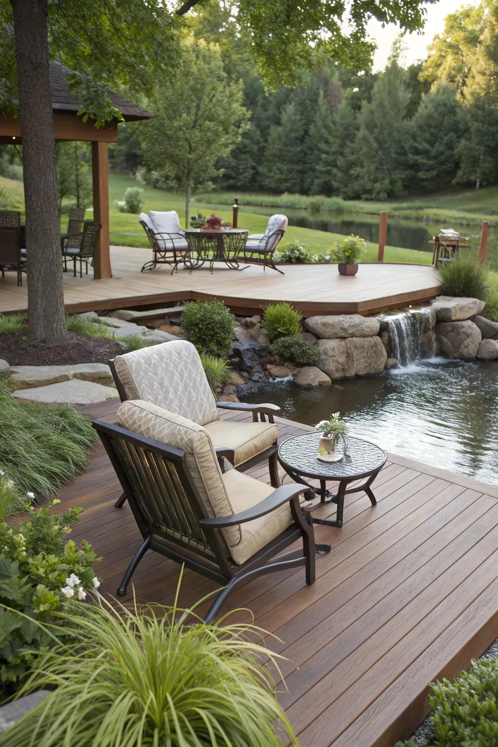 Enjoy tranquility with a seating area by your deck’s water feature.