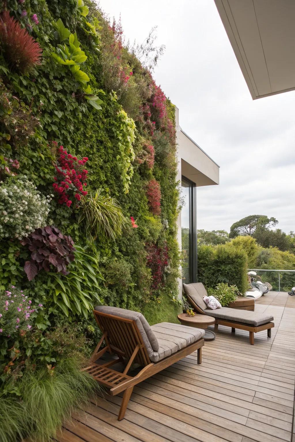 A living wall adds a dynamic and lush backdrop to the deck.
