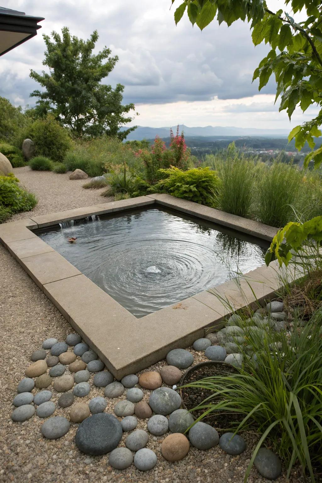 A peaceful water feature enhances the decomposed granite patio.
