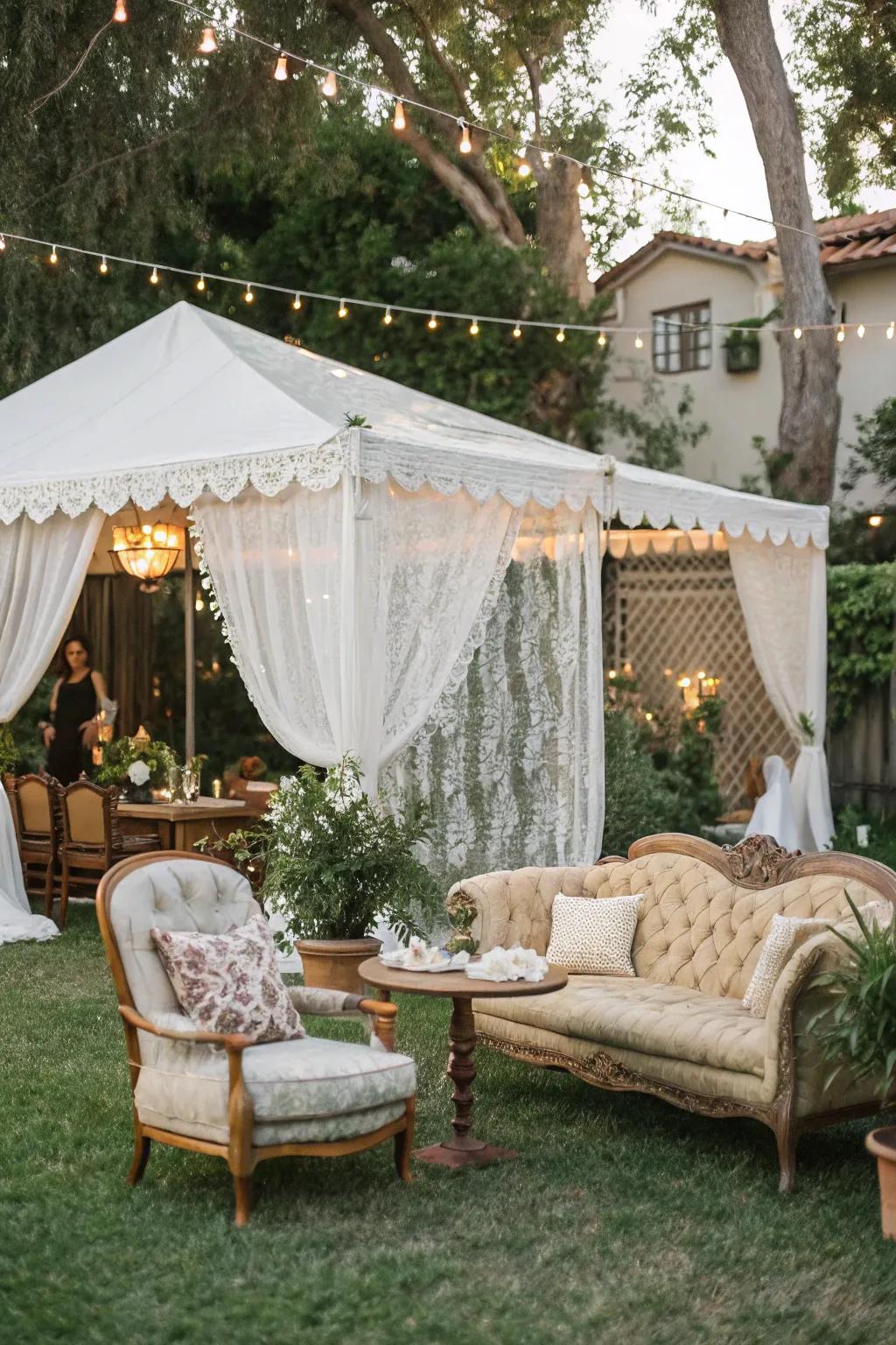 A vintage furniture lounge offers a cozy spot for guests to unwind.