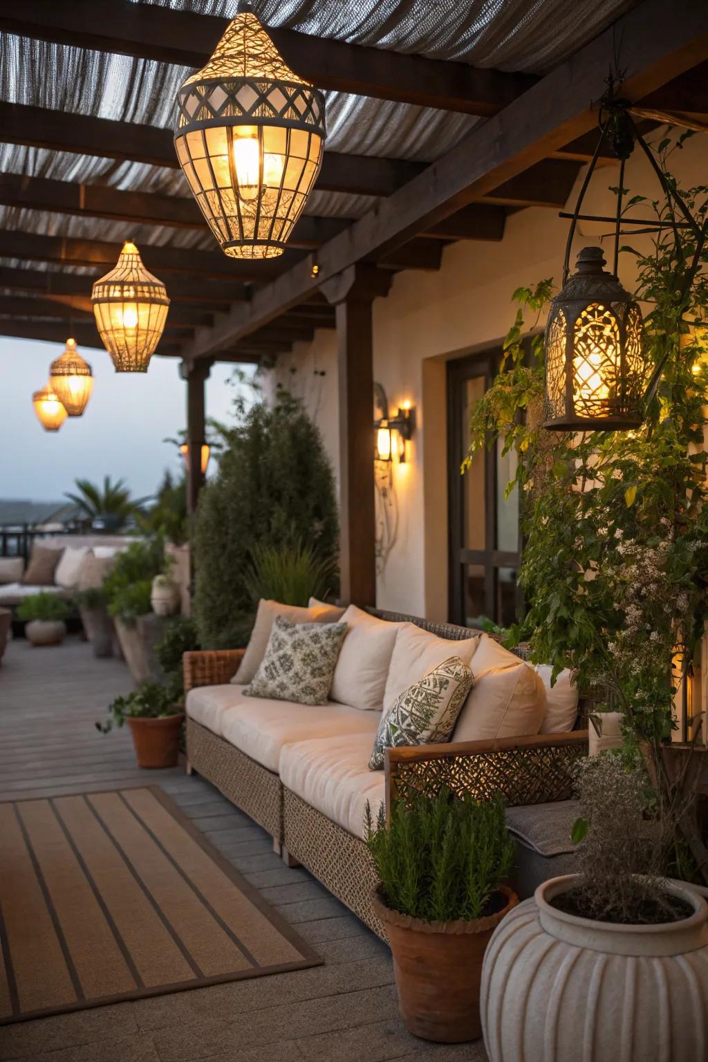 Lanterns and cushions add a cozy touch to a patio filled with plants.