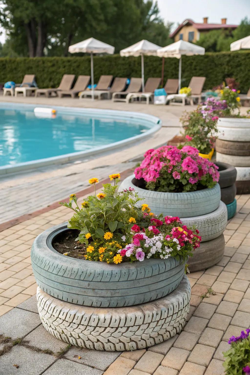 Upcycled planters bring character to the pool area.