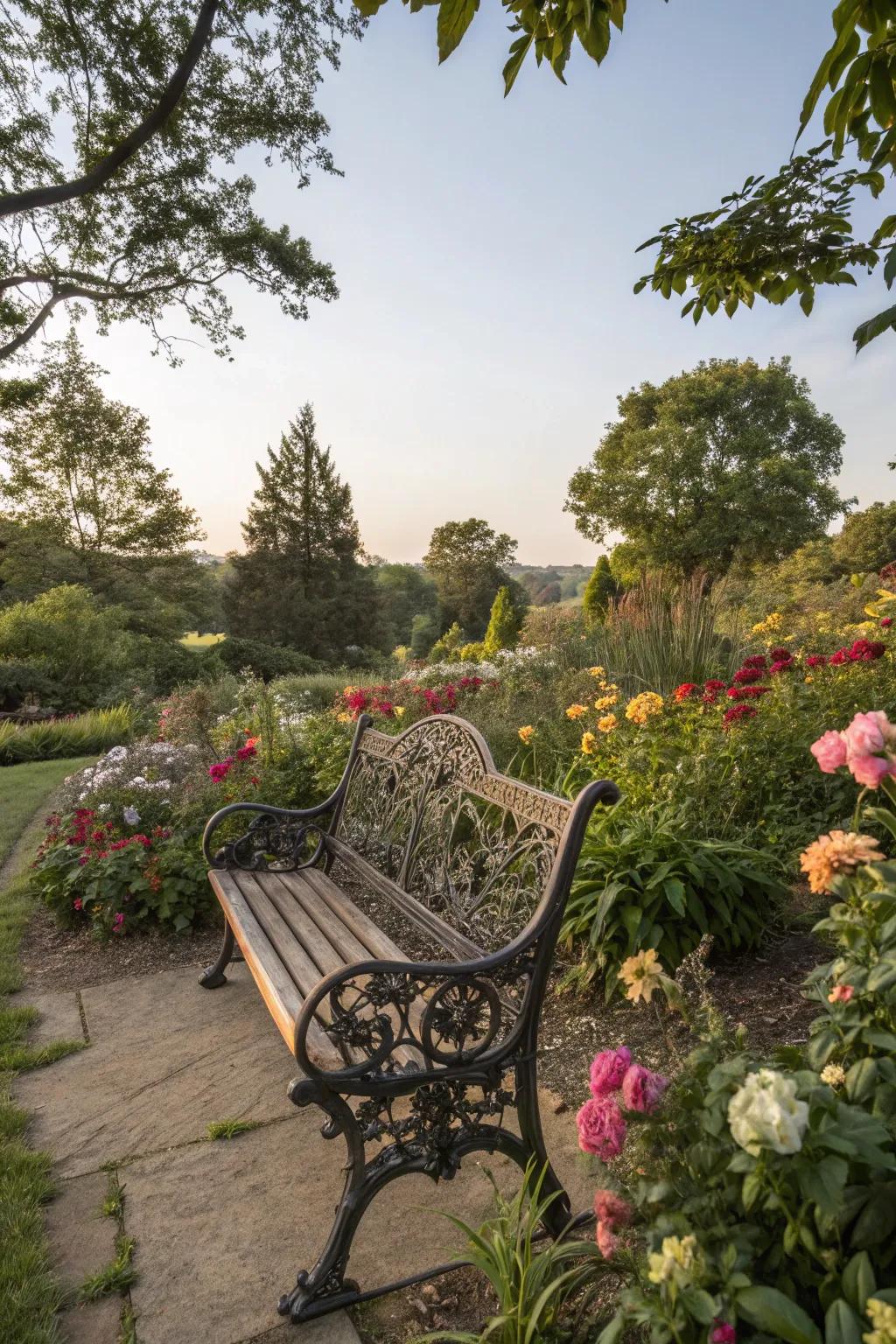 A Victorian-style bench adds timeless elegance to the garden.
