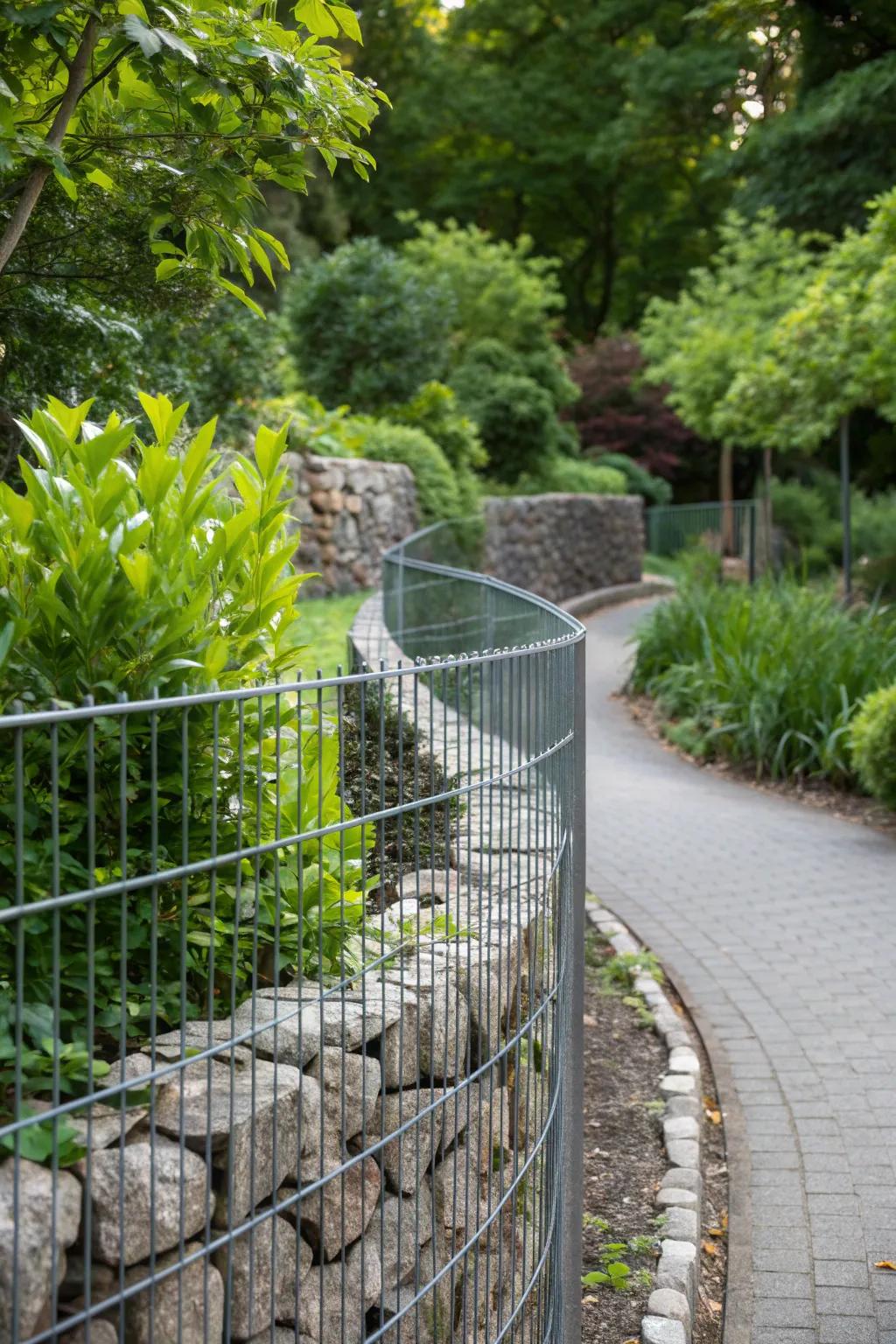 The gentle curves of this gabion fence create a soft, inviting border for the garden.