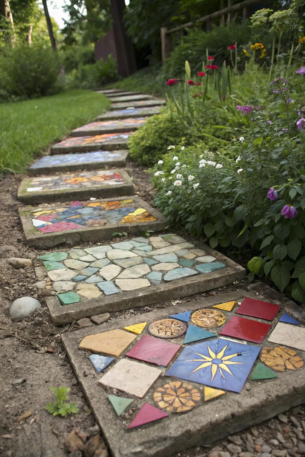 Colorful mosaic stepping stones add a playful touch to the garden.
