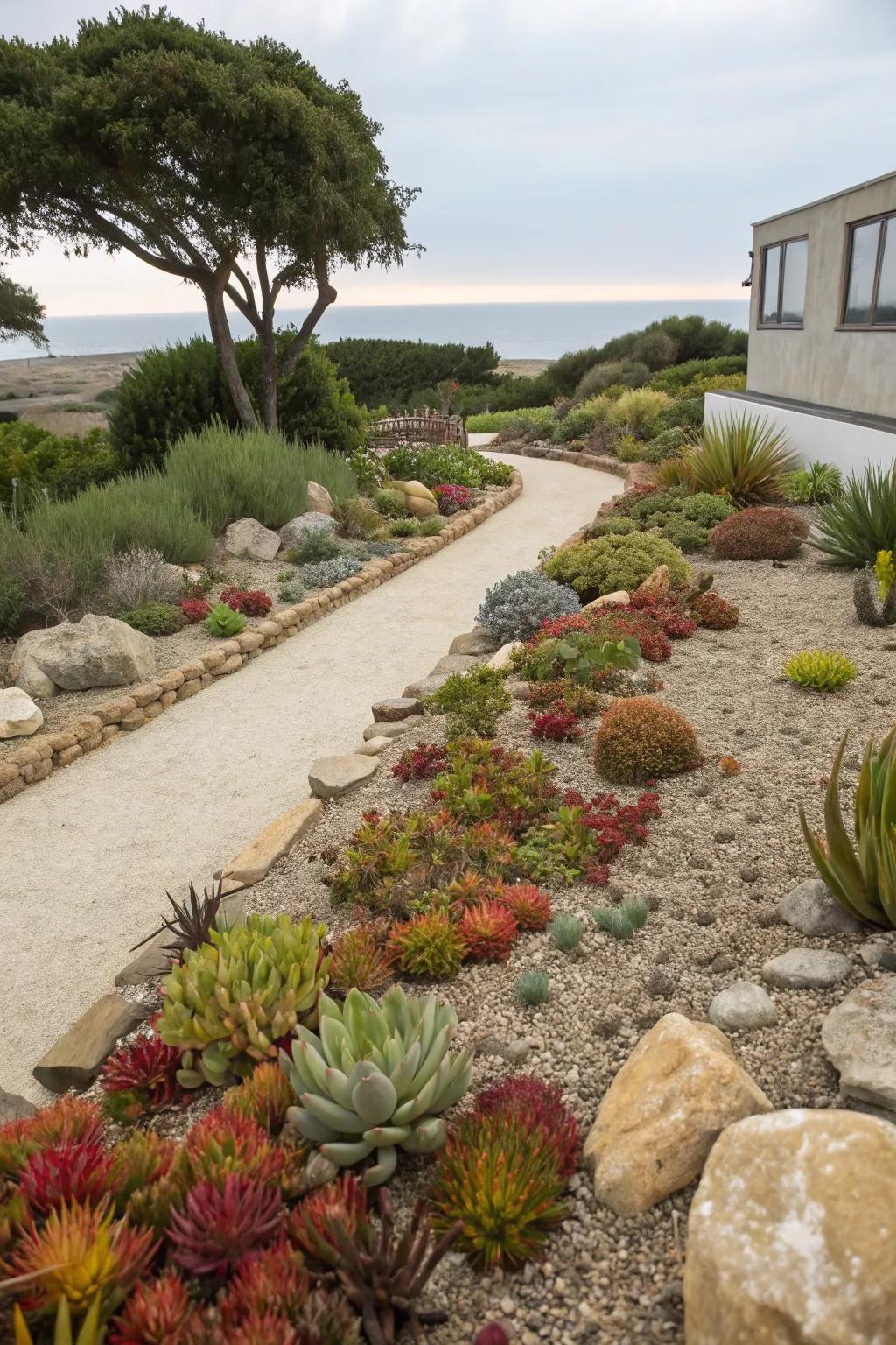 A sustainable xeriscape featuring succulents and gravel.