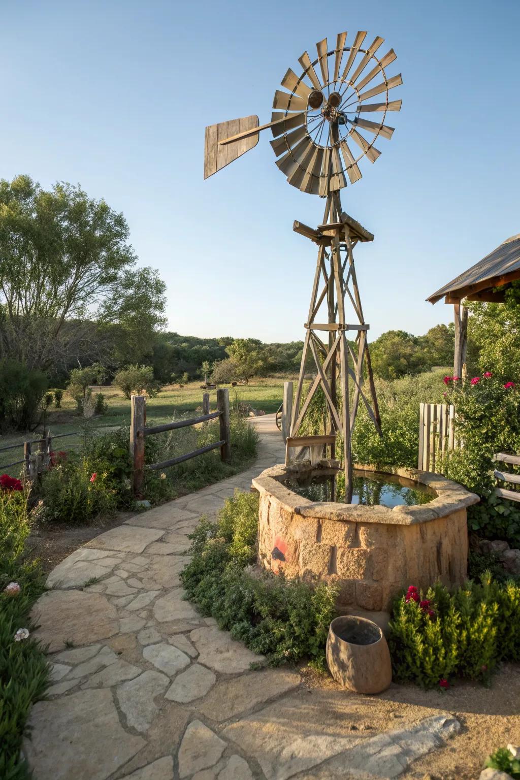 A whimsical windmill brings motion and charm.