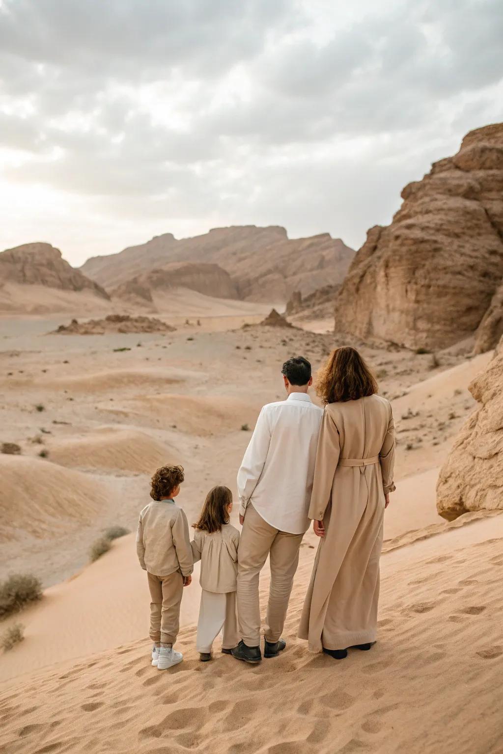 Neutral colors create harmony with the desert backdrop.
