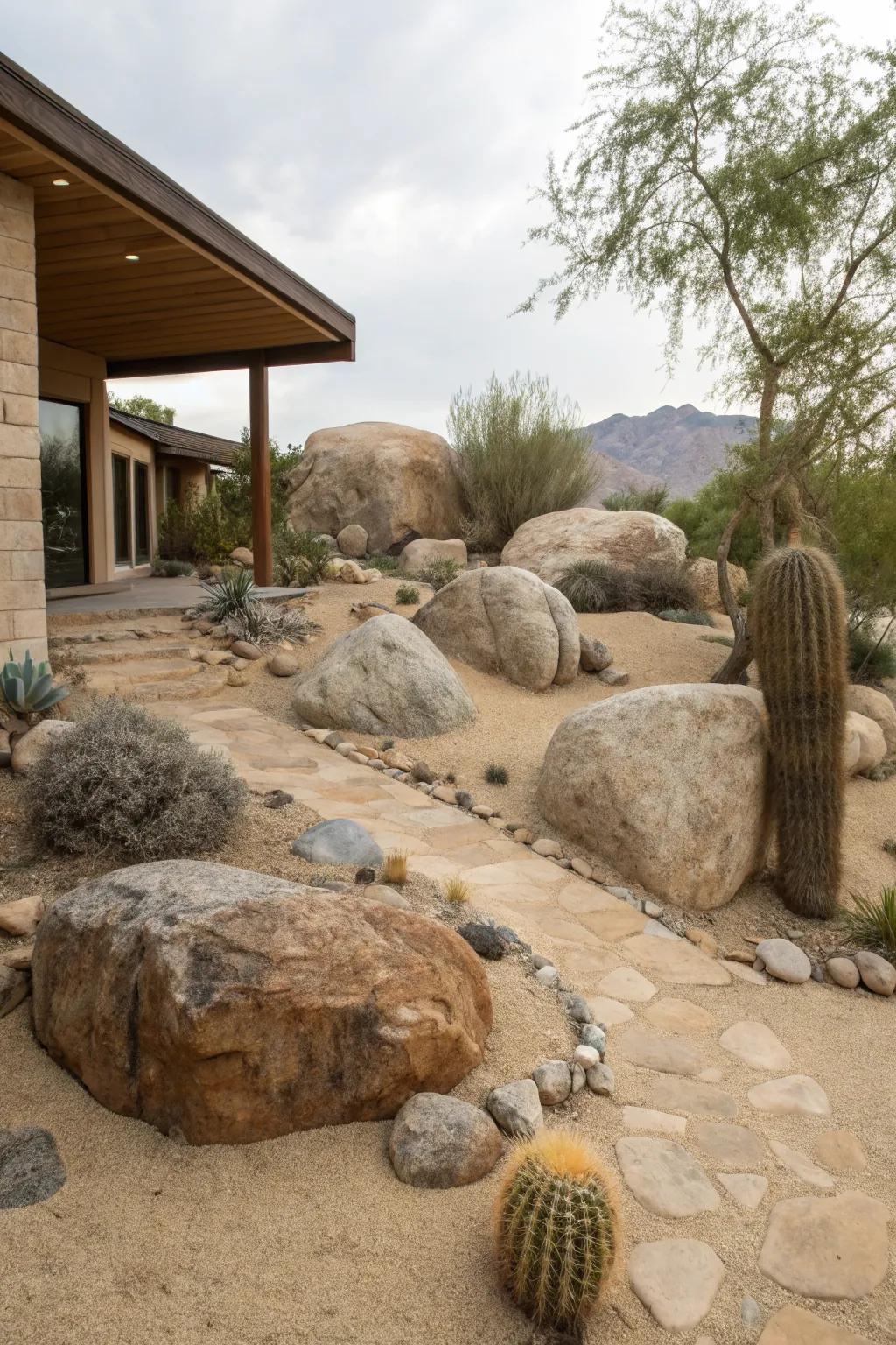 Natural boulders and stones create a harmonious desert front yard.