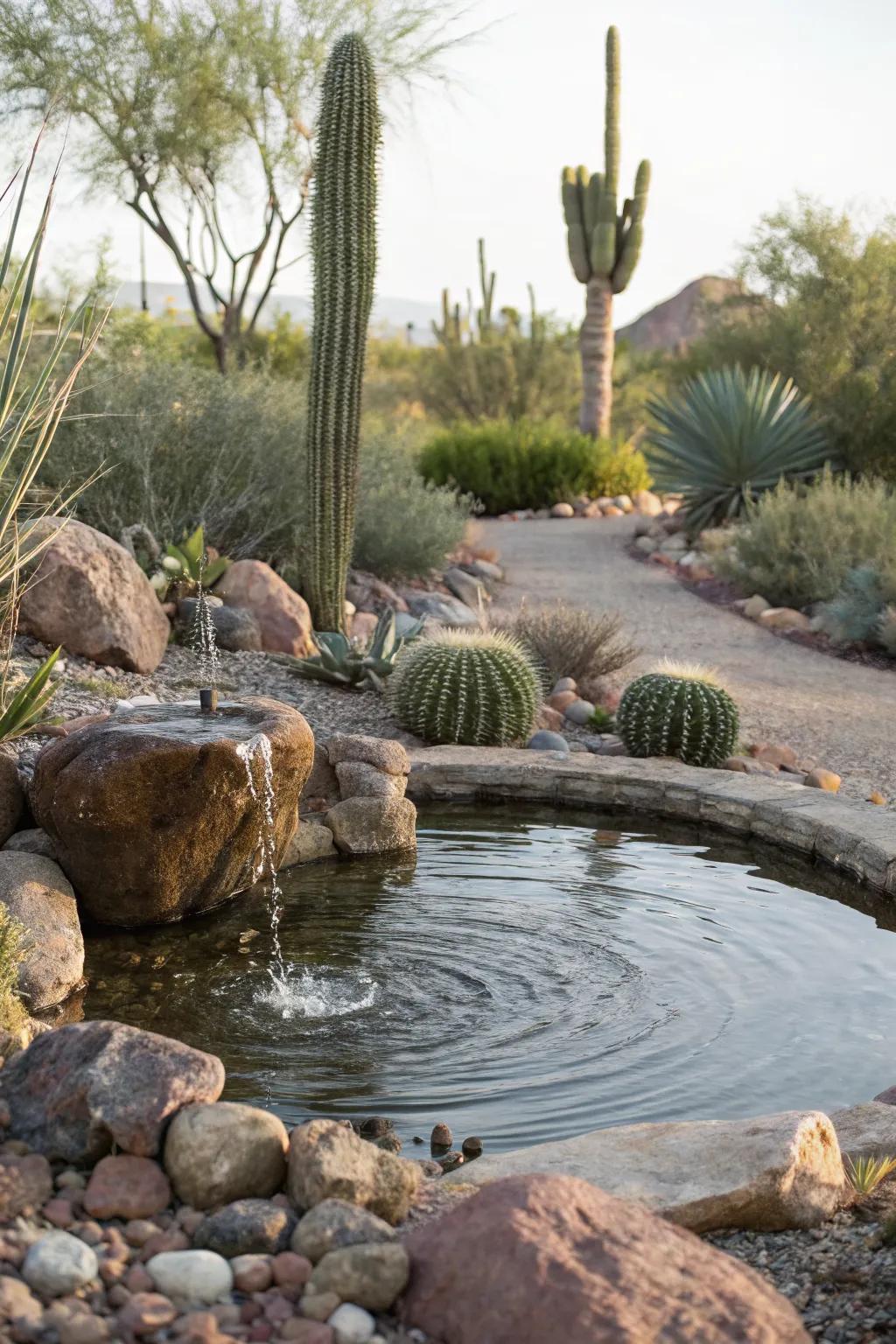 A water feature brings a refreshing touch to the desert garden.