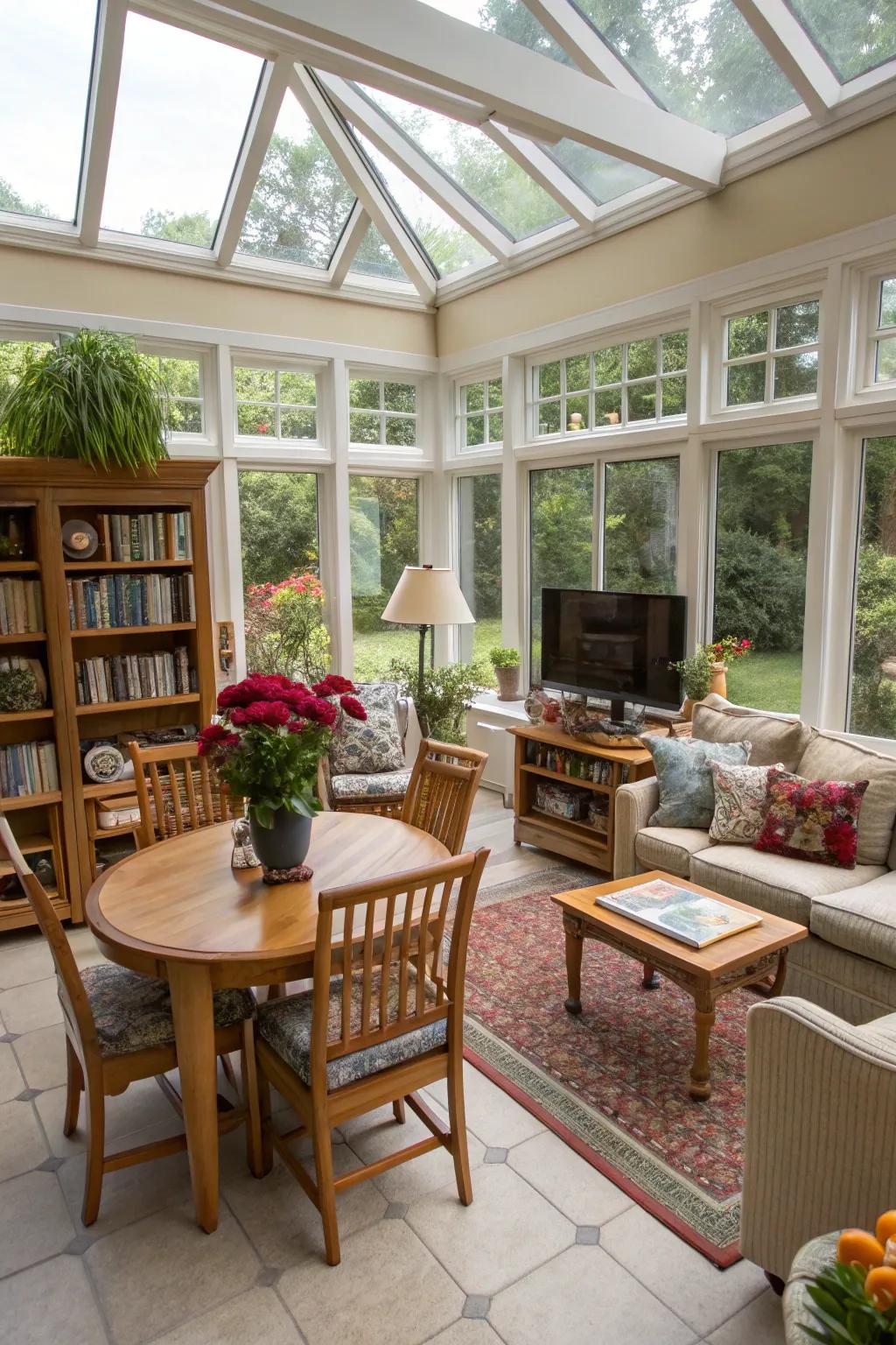 Versatile sunroom set up for various activities.