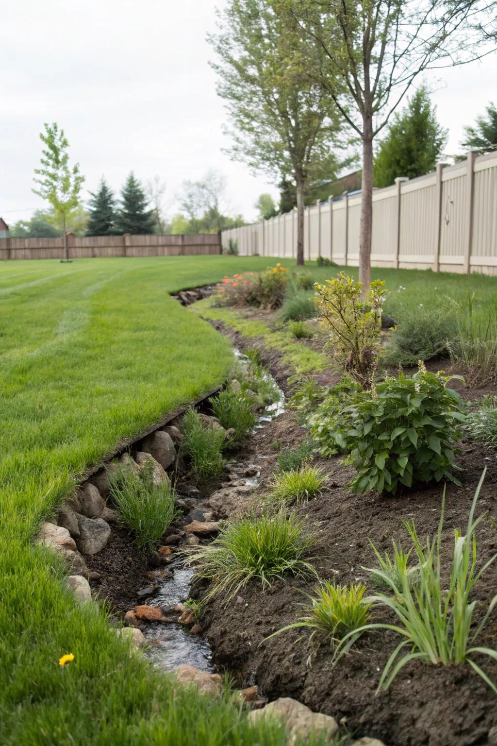 A swale discreetly channels water through the garden, protecting the foundation.
